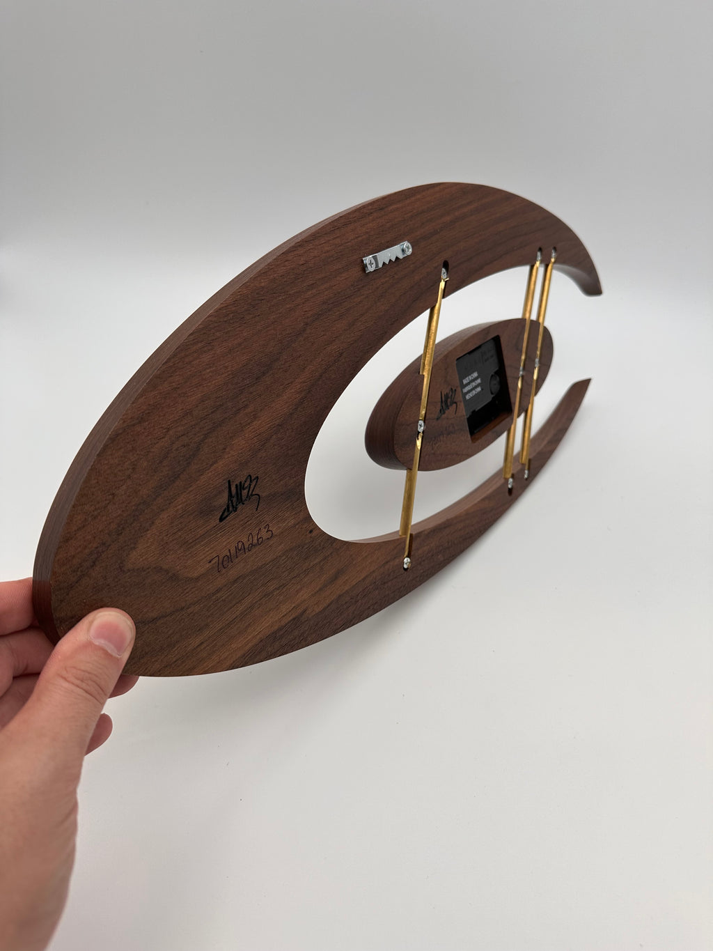 MCM Atomic Boomerang Clock Custom Hand Made Walnut, Purpleheart, Brass