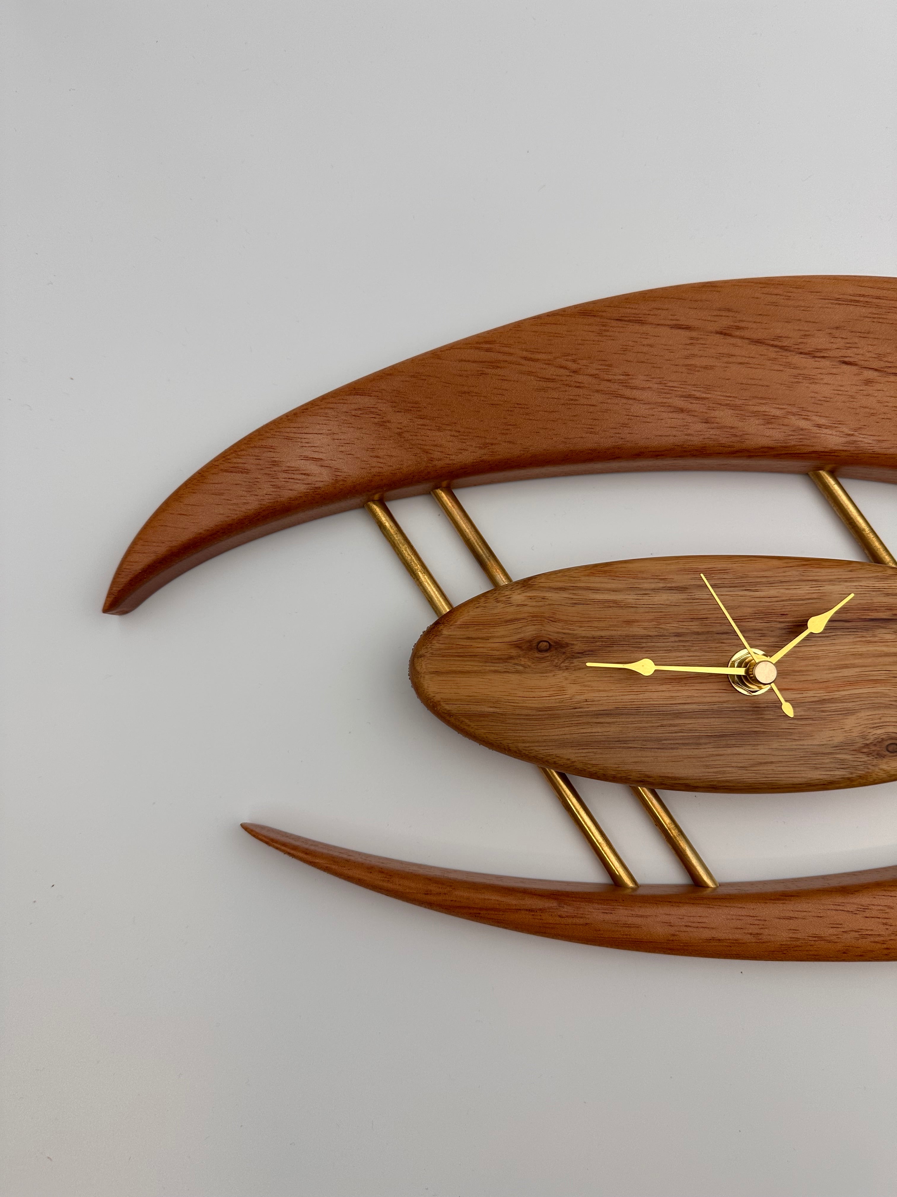 MCM Atomic Boomerang Clock Custom Hand Made Mahogany, Canary Wood, Brass, Symmetrical Curves