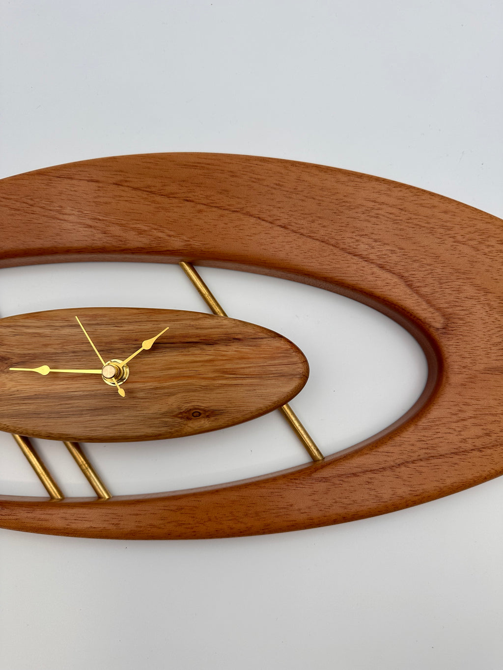 MCM Atomic Boomerang Clock Custom Hand Made Mahogany, Canary Wood, Brass, Symmetrical Curves