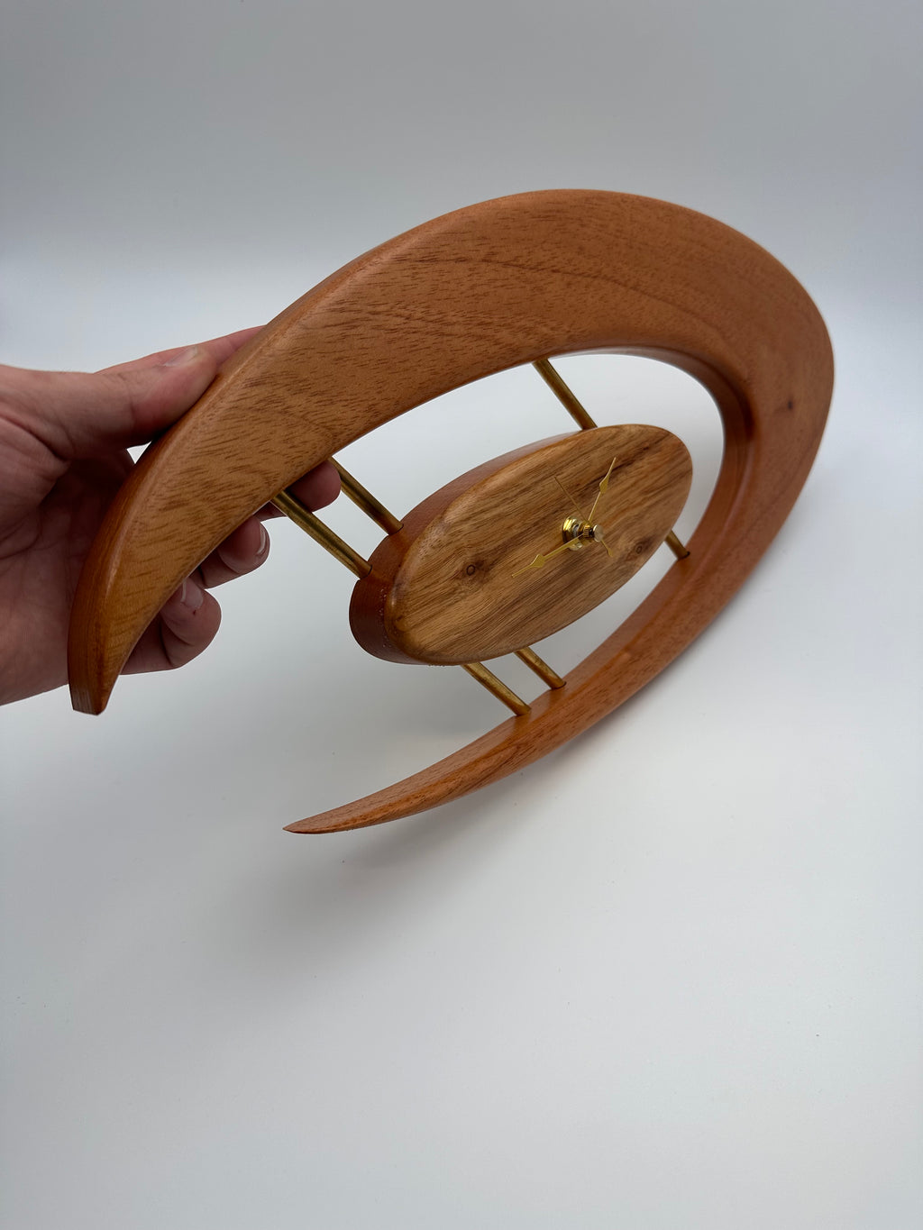 MCM Atomic Boomerang Clock Custom Hand Made Mahogany, Canary Wood, Brass, Symmetrical Curves