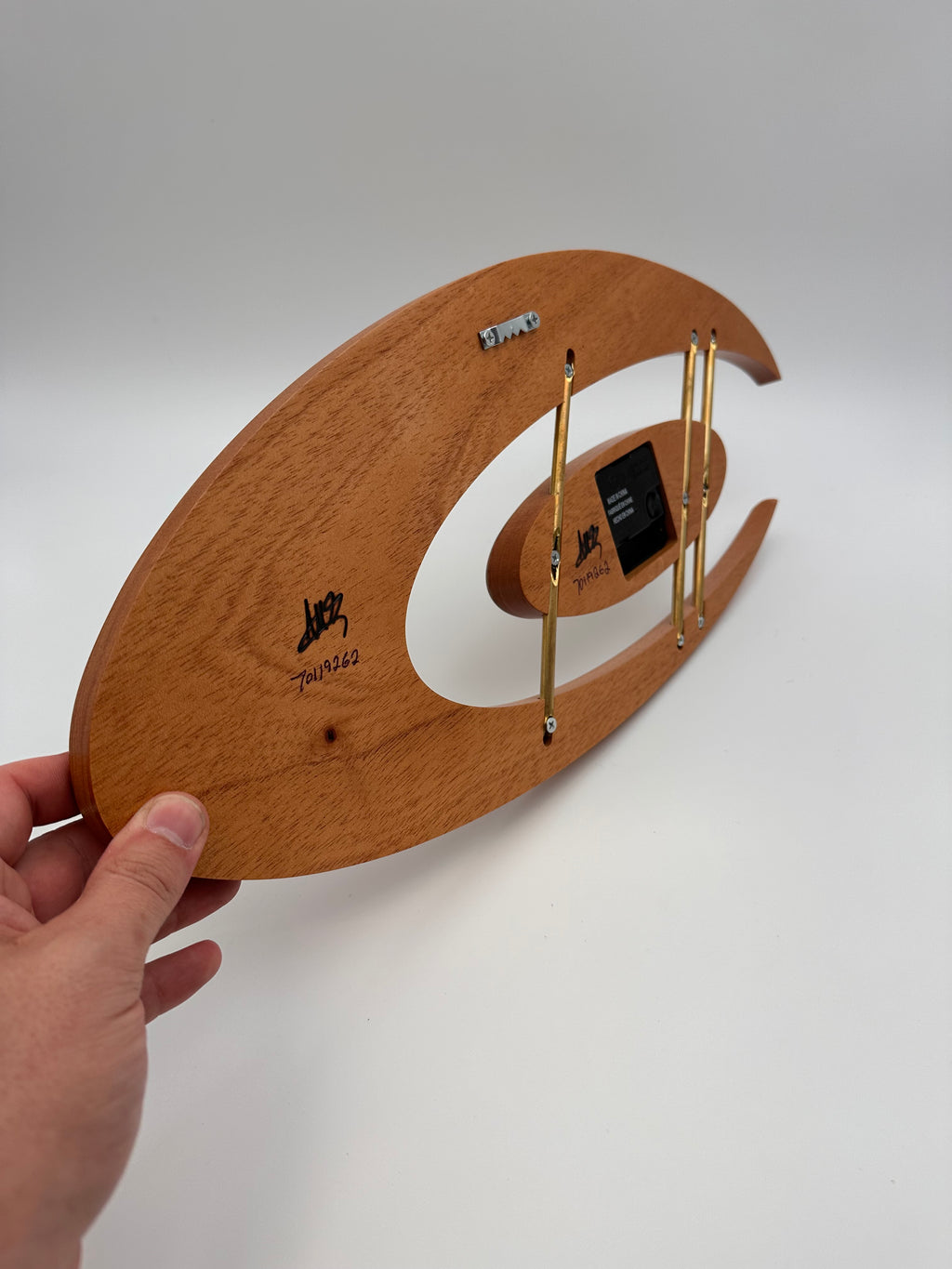 MCM Atomic Boomerang Clock Custom Hand Made Mahogany, Canary Wood, Brass, Symmetrical Curves