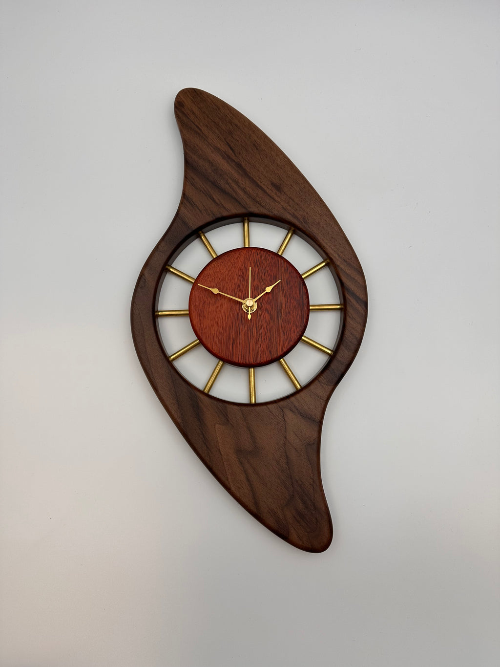 MCM Galaxy Wall Clock Custom Hand Made Walnut, Bloodwood, Brass