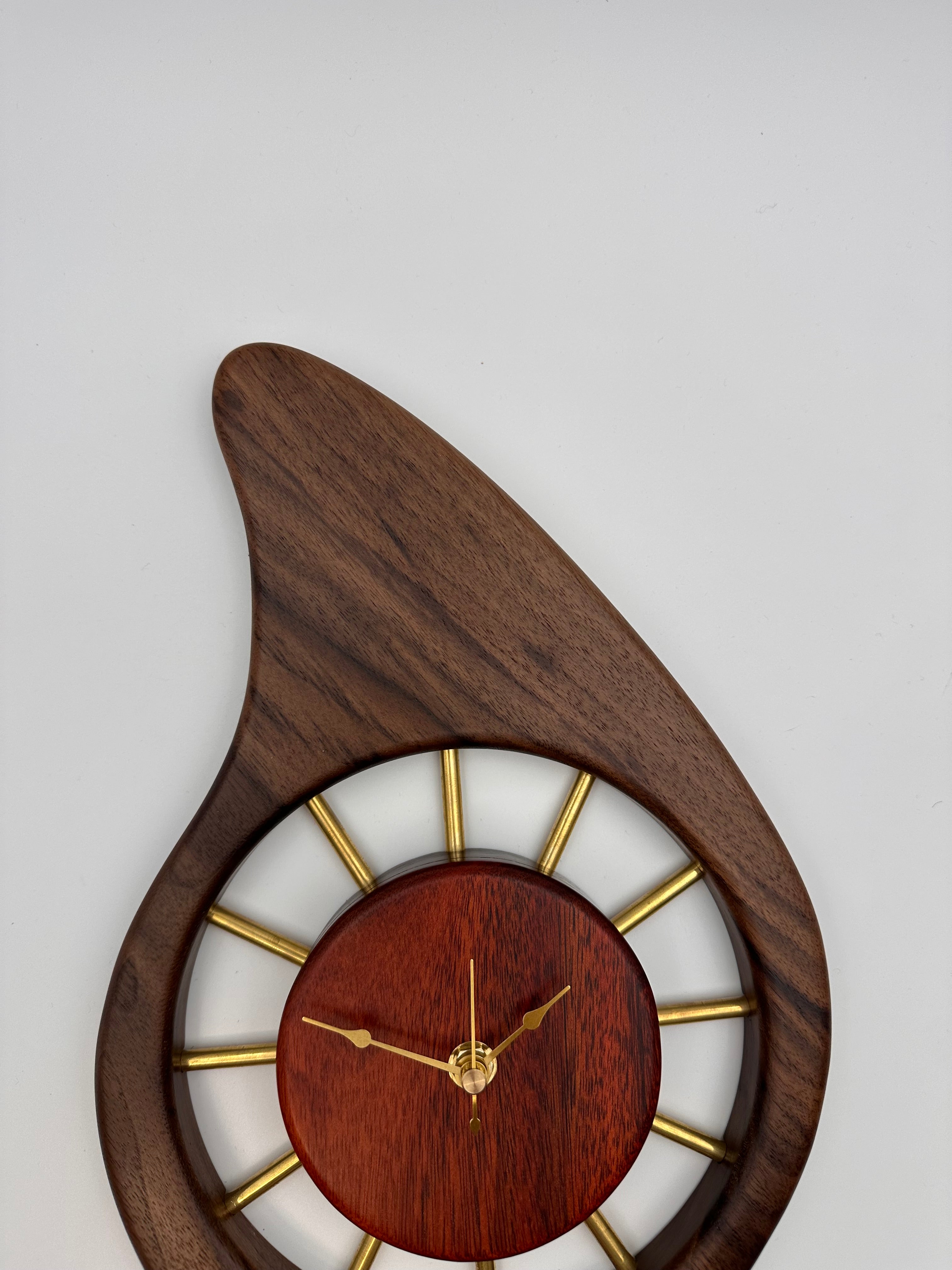 MCM Galaxy Wall Clock Custom Hand Made Walnut, Bloodwood, Brass