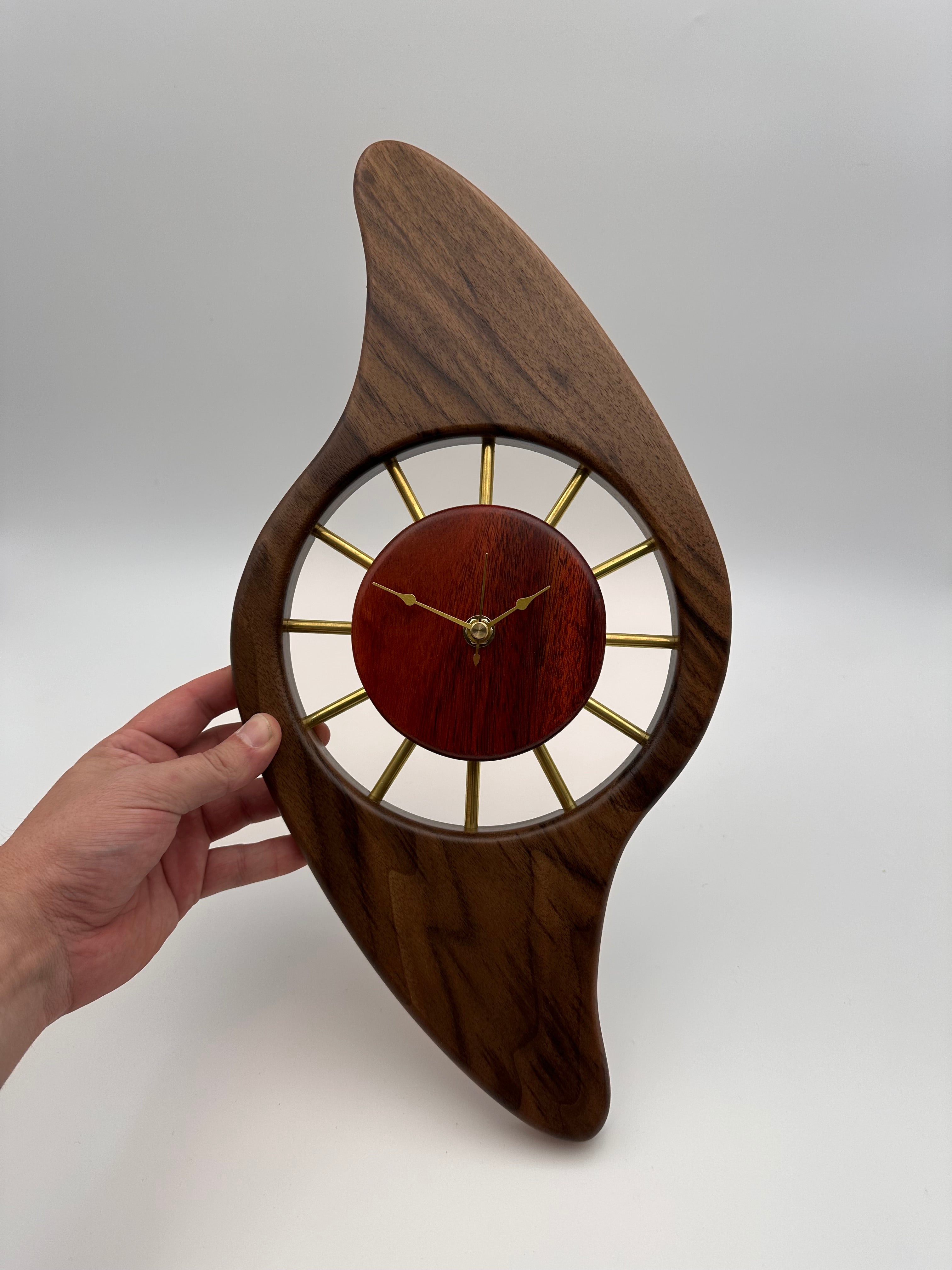 MCM Galaxy Wall Clock Custom Hand Made Walnut, Bloodwood, Brass