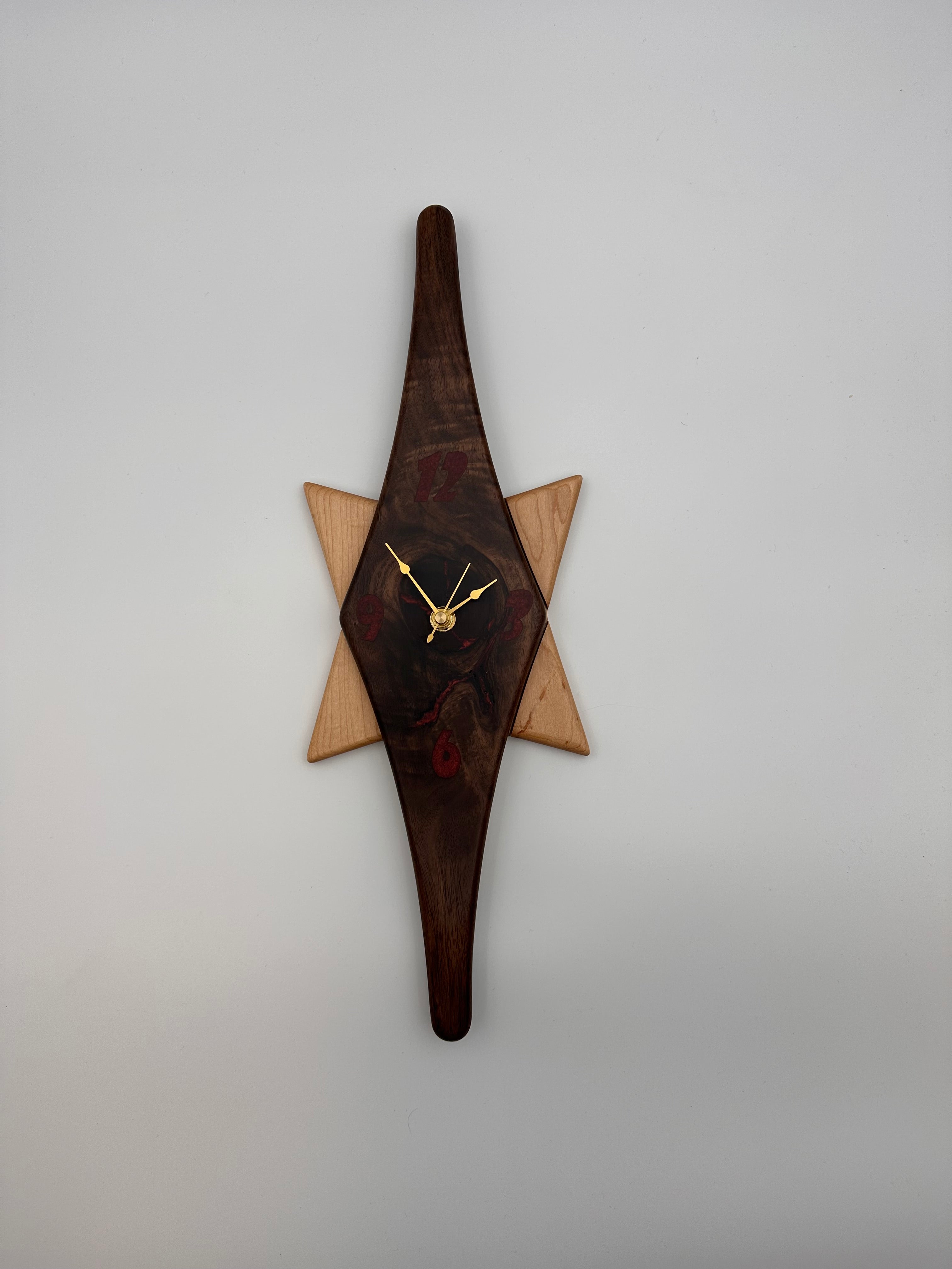 MCM Atomic Diamond Clock Custom Hand Made Walnut and Epoxy W/ Maple Star Backer