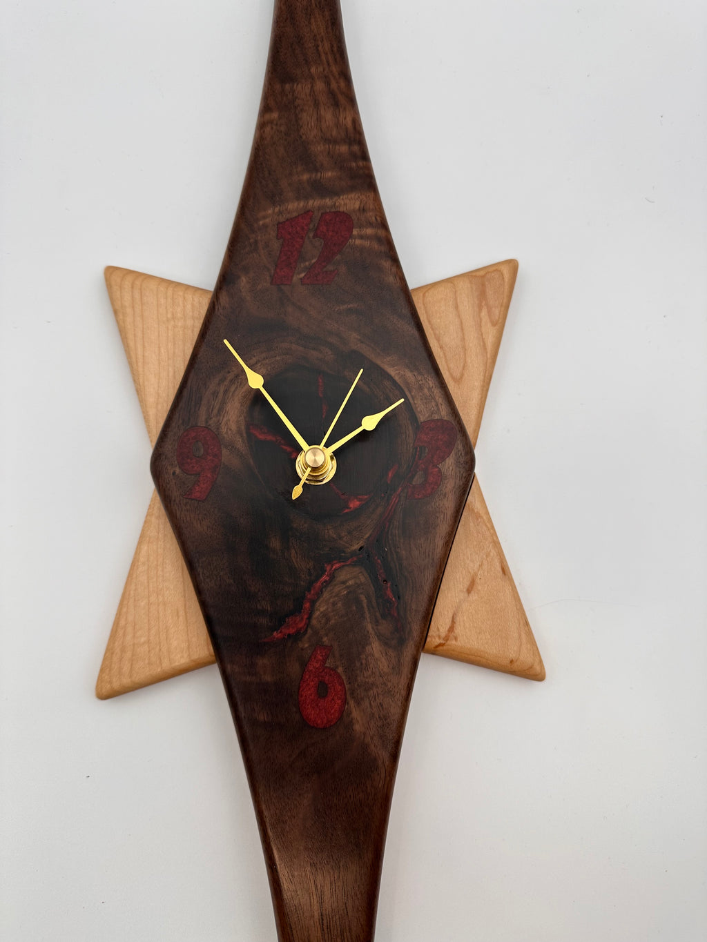 MCM Atomic Diamond Clock Custom Hand Made Walnut and Epoxy W/ Maple Star Backer