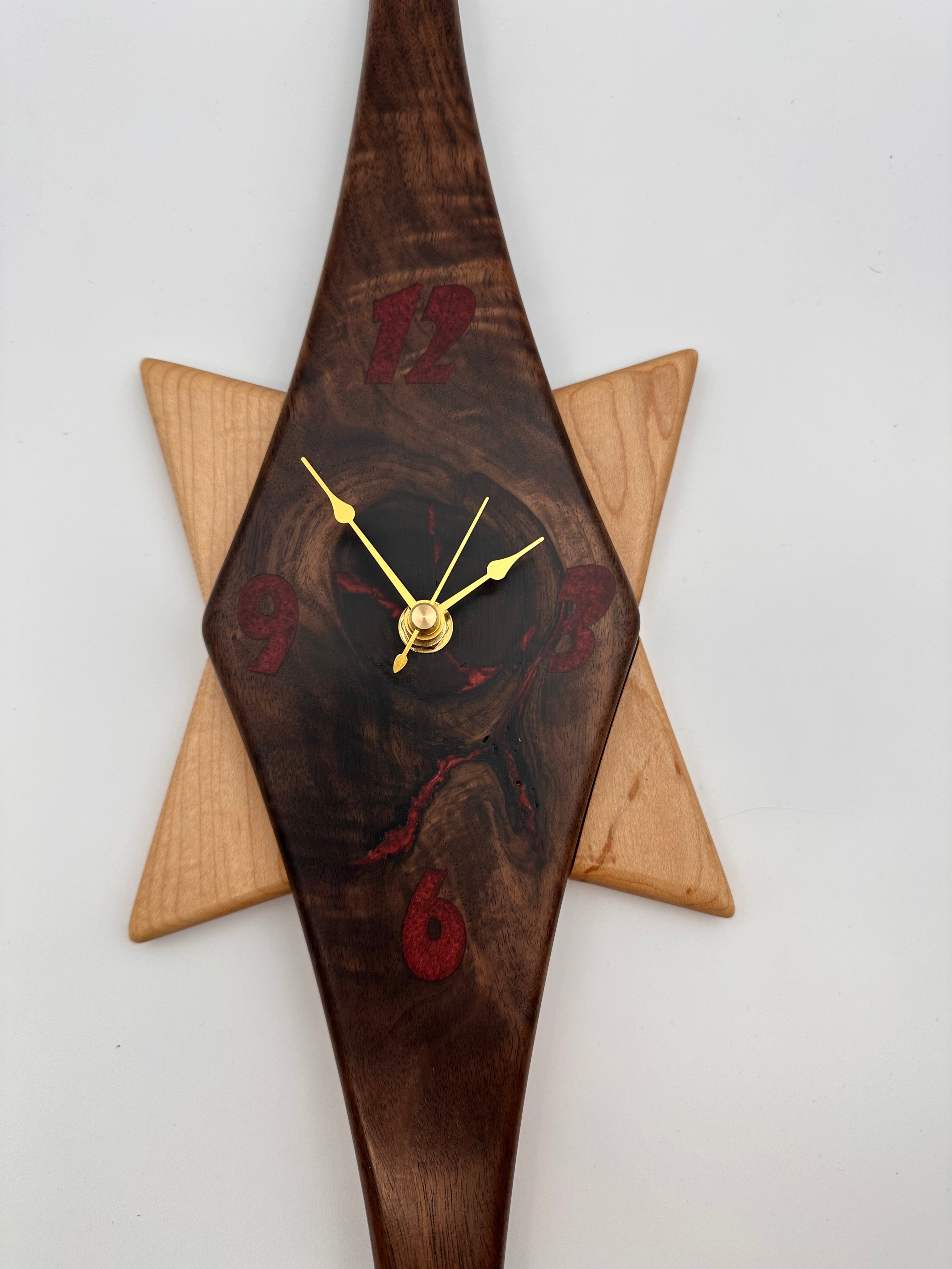 MCM Atomic Diamond Clock Custom Hand Made Walnut and Epoxy W/ Maple Star Backer