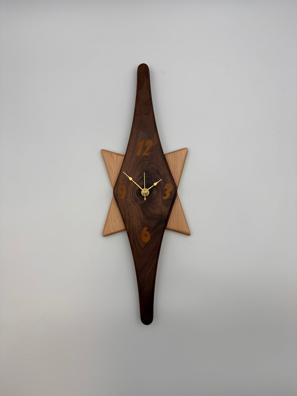 MCM Atomic Diamond Clock Custom Hand Made Walnut and Gold Epoxy W/ Maple Star Backer