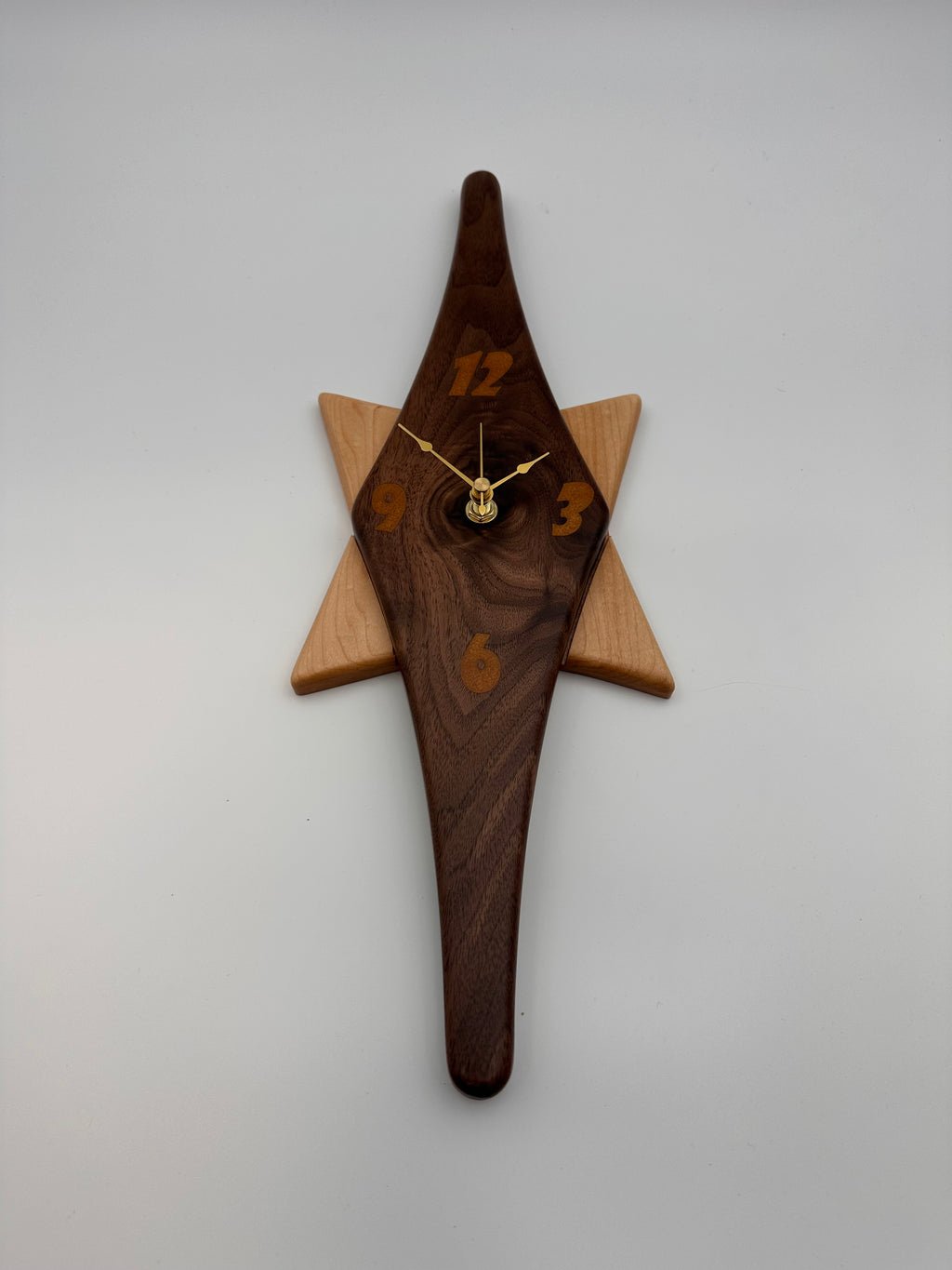 MCM Atomic Diamond Clock Custom Hand Made Walnut and Gold Epoxy W/ Maple Star Backer