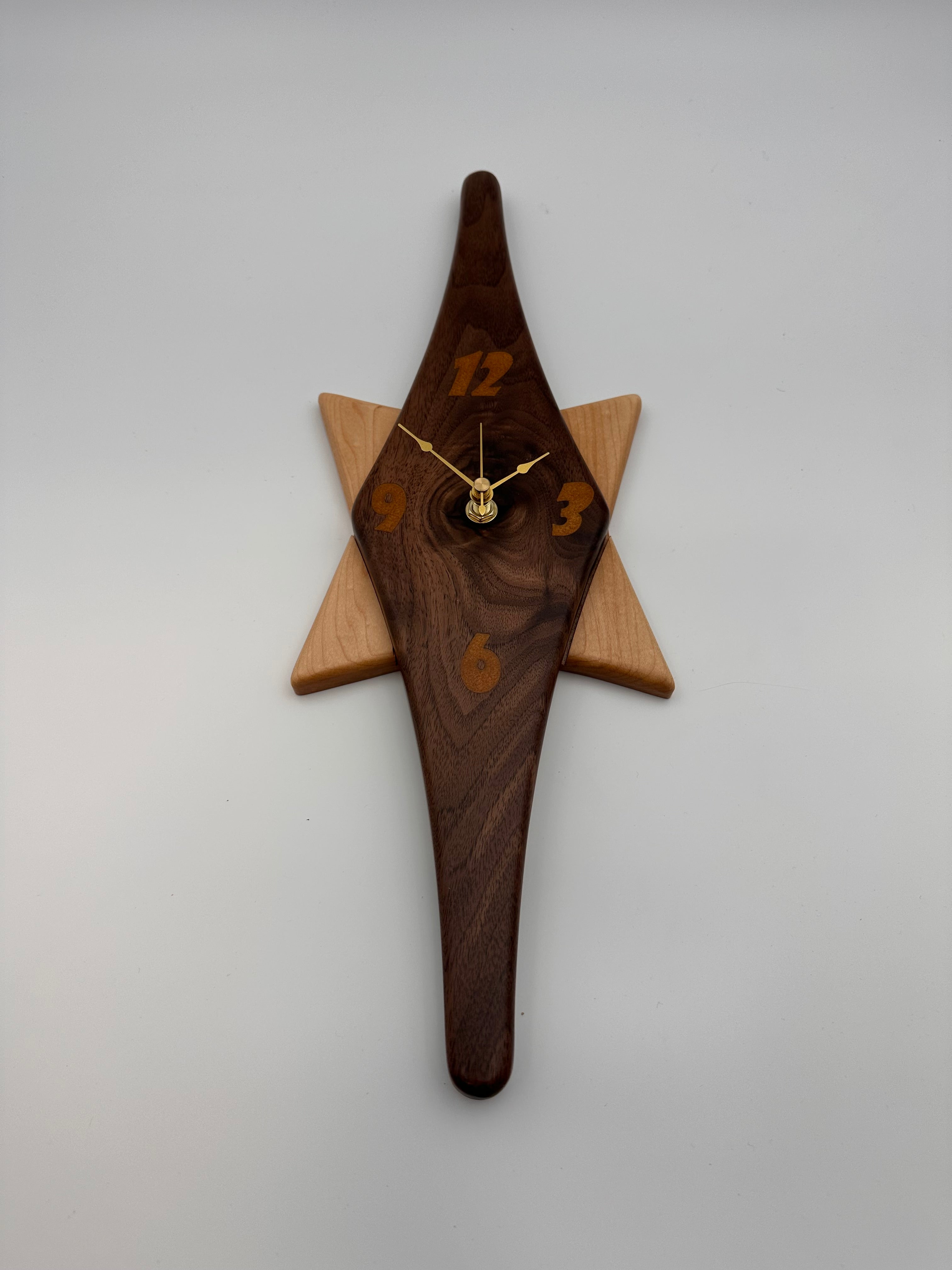 MCM Atomic Diamond Clock Custom Hand Made Walnut and Gold Epoxy W/ Maple Star Backer