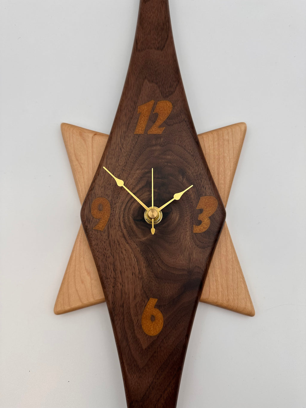 MCM Atomic Diamond Clock Custom Hand Made Walnut and Gold Epoxy W/ Maple Star Backer