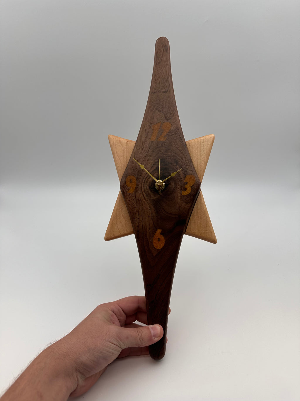MCM Atomic Diamond Clock Custom Hand Made Walnut and Gold Epoxy W/ Maple Star Backer
