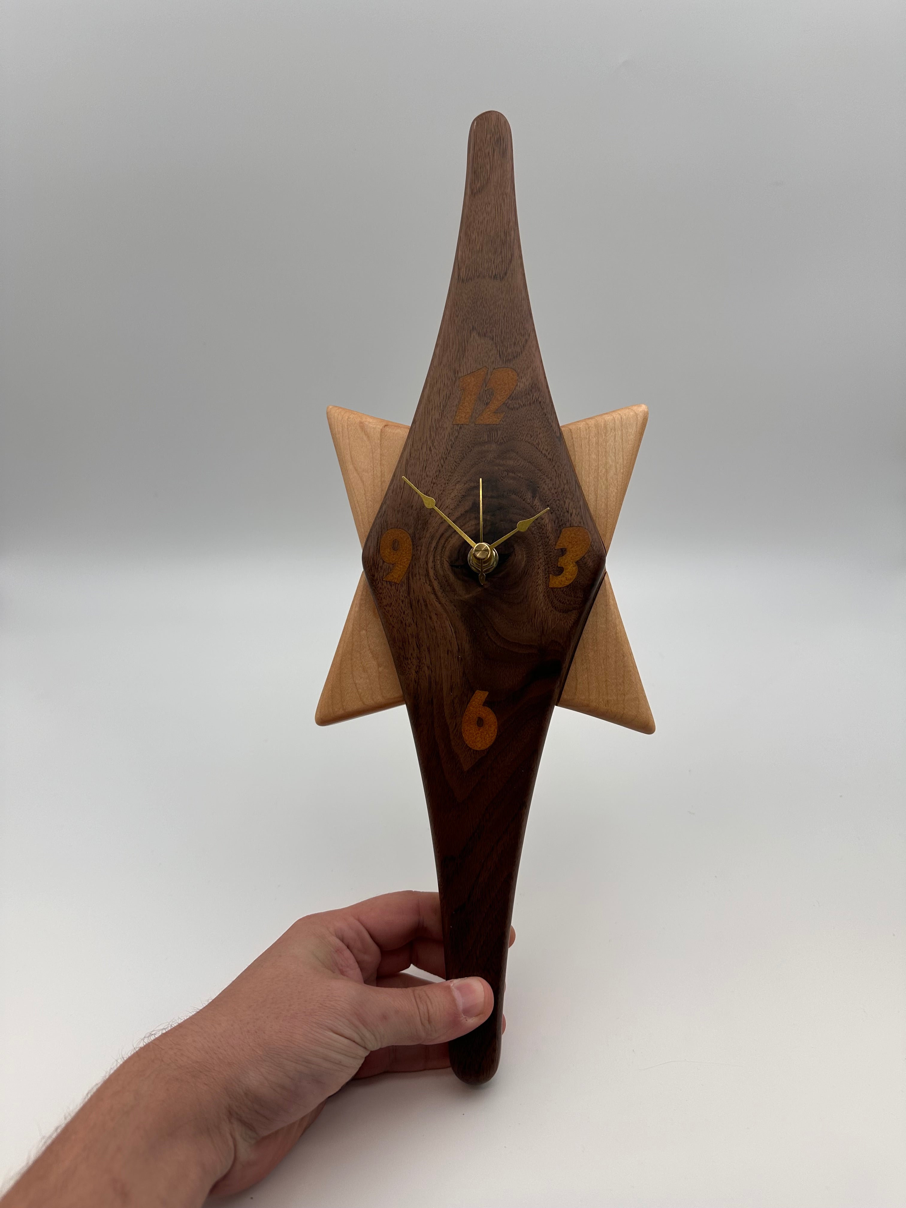 MCM Atomic Diamond Clock Custom Hand Made Walnut and Gold Epoxy W/ Maple Star Backer