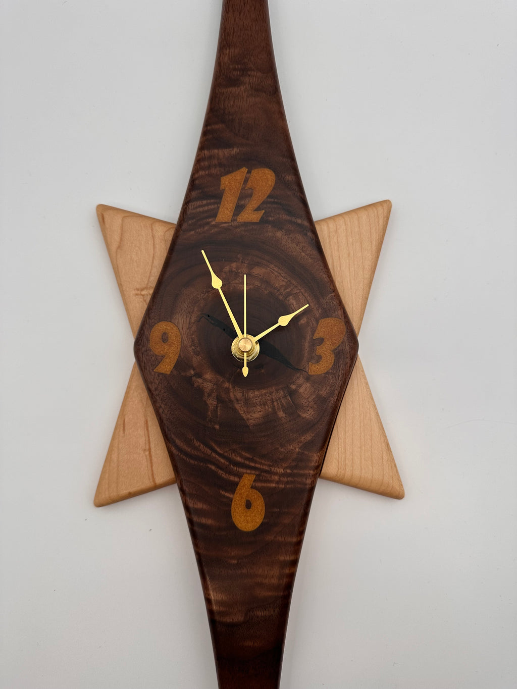 MCM Atomic Diamond Clock Custom Hand Made Walnut and Gold Epoxy W/ Maple Star Backer (Copy)