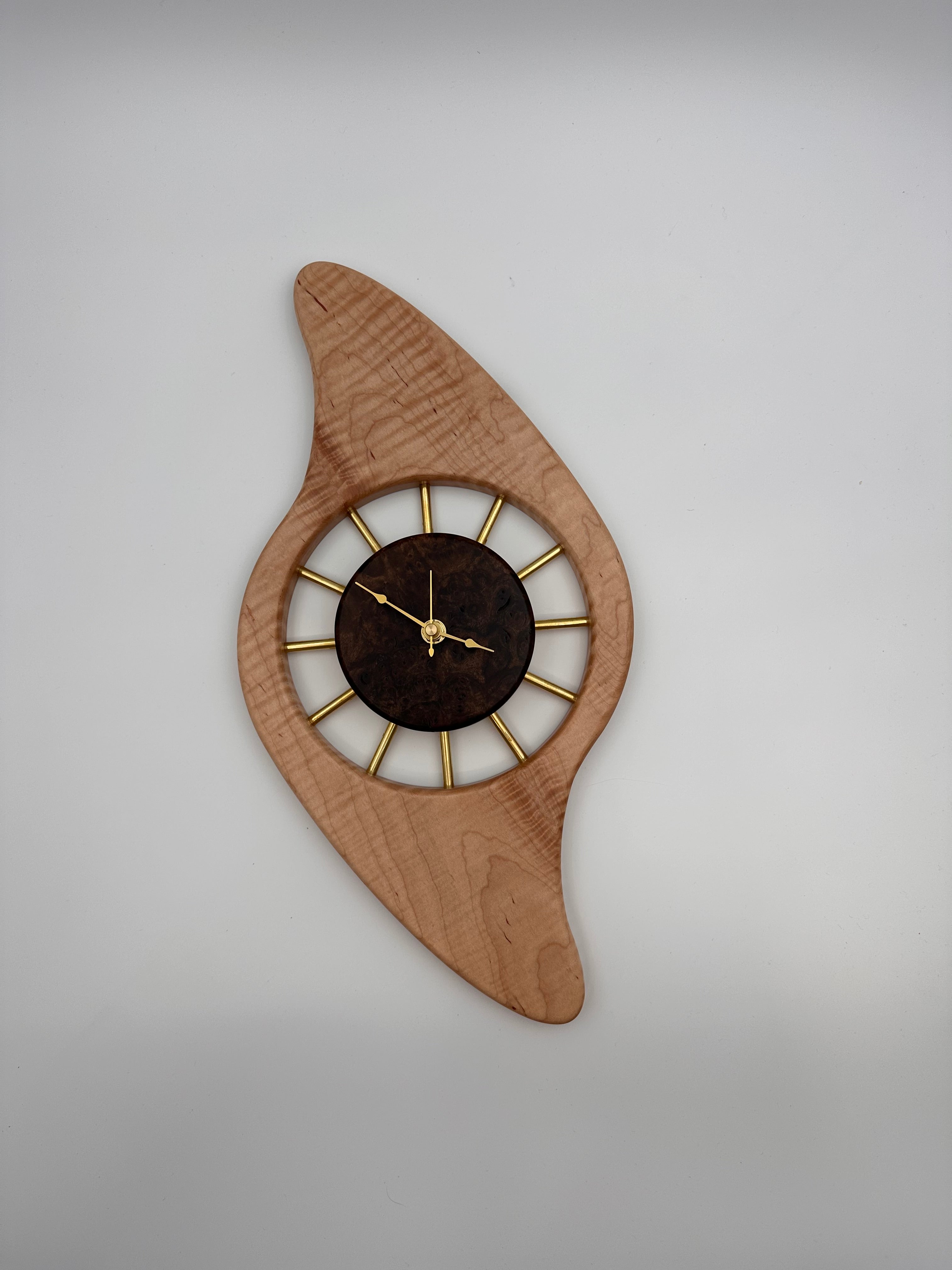 MCM Galaxy Wall Clock Custom Hand Made Curly Maple, Walnut Burl, Brass