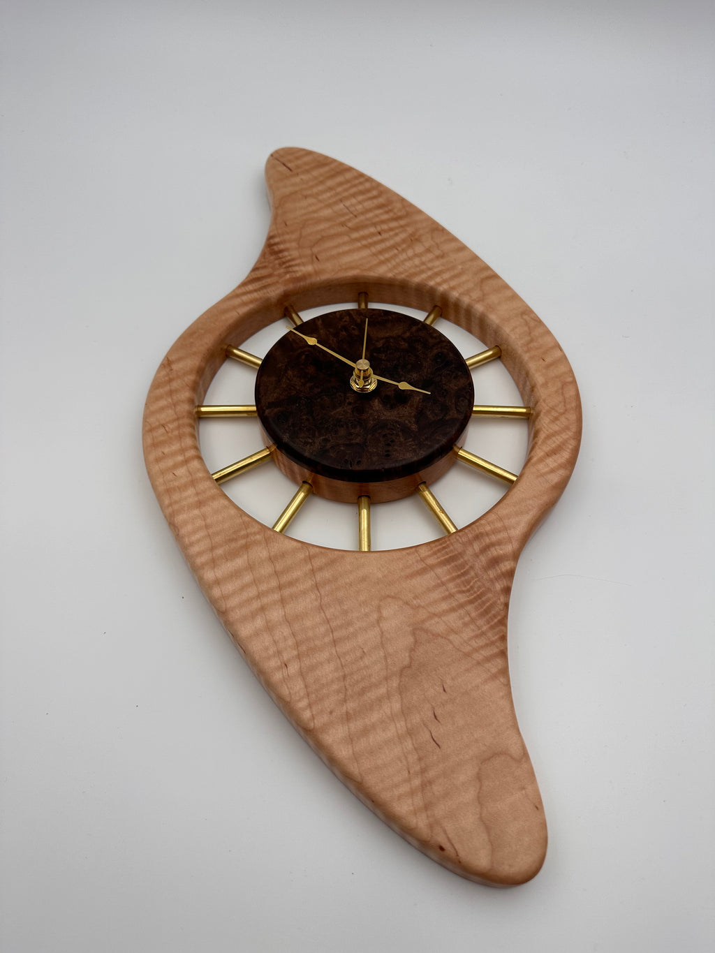 MCM Galaxy Wall Clock Custom Hand Made Curly Maple, Walnut Burl, Brass