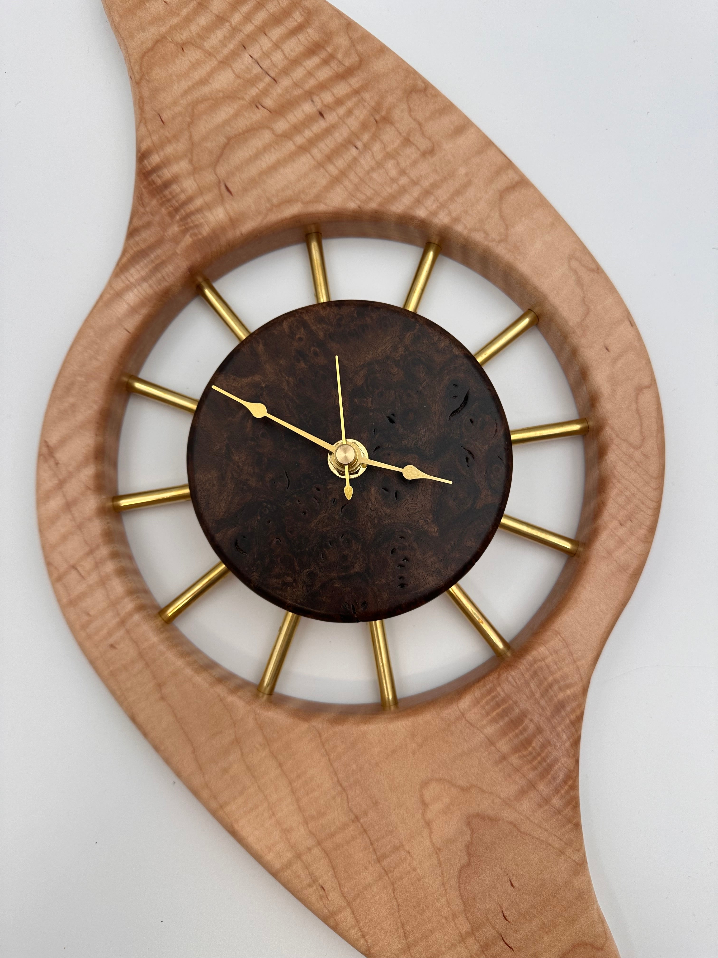 MCM Galaxy Wall Clock Custom Hand Made Curly Maple, Walnut Burl, Brass