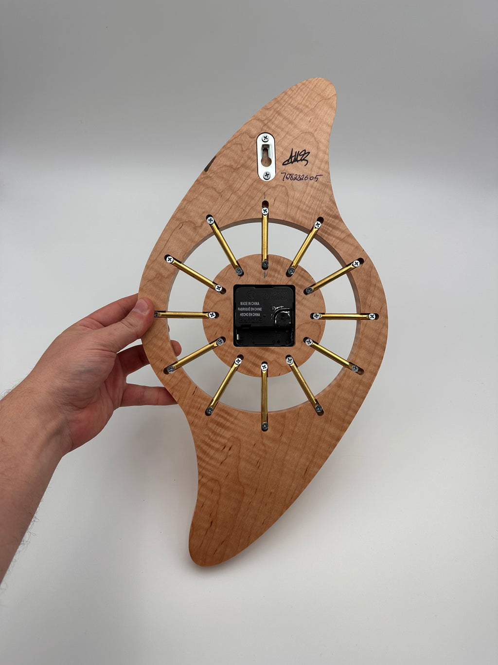 MCM Galaxy Wall Clock Custom Hand Made Curly Maple, Walnut Burl, Brass