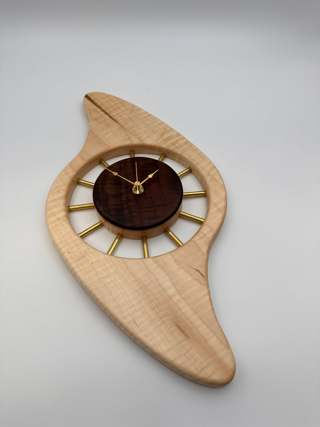 MCM Galaxy Wall Clock Custom Hand Made Curly Maple, Claro Walnut, Brass
