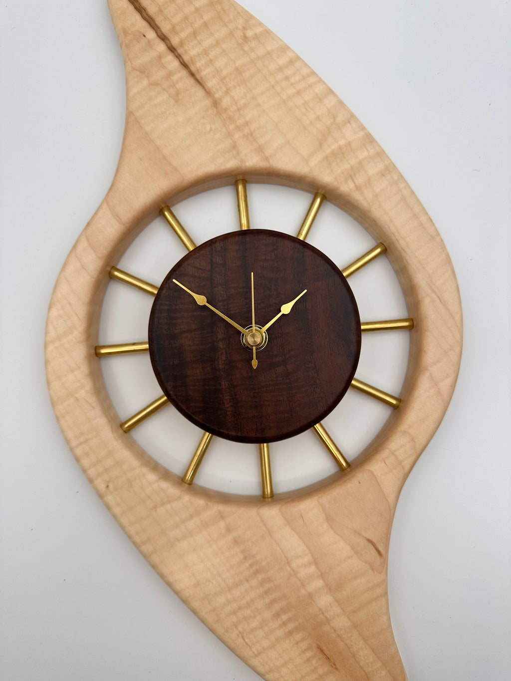 MCM Galaxy Wall Clock Custom Hand Made Curly Maple, Claro Walnut, Brass