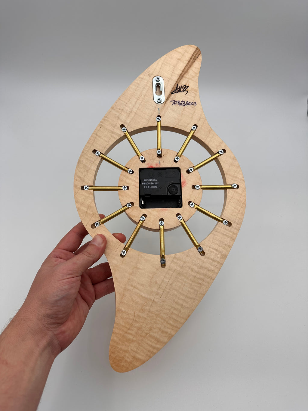 MCM Galaxy Wall Clock Custom Hand Made Curly Maple, Claro Walnut, Brass