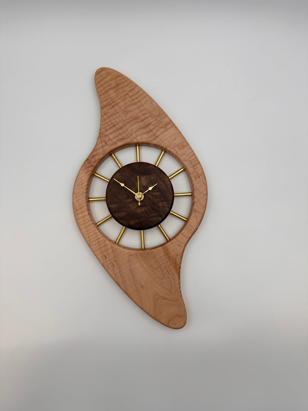 MCM Galaxy Wall Clock Custom Hand Made Curly Maple, Culy Walnut, Brass