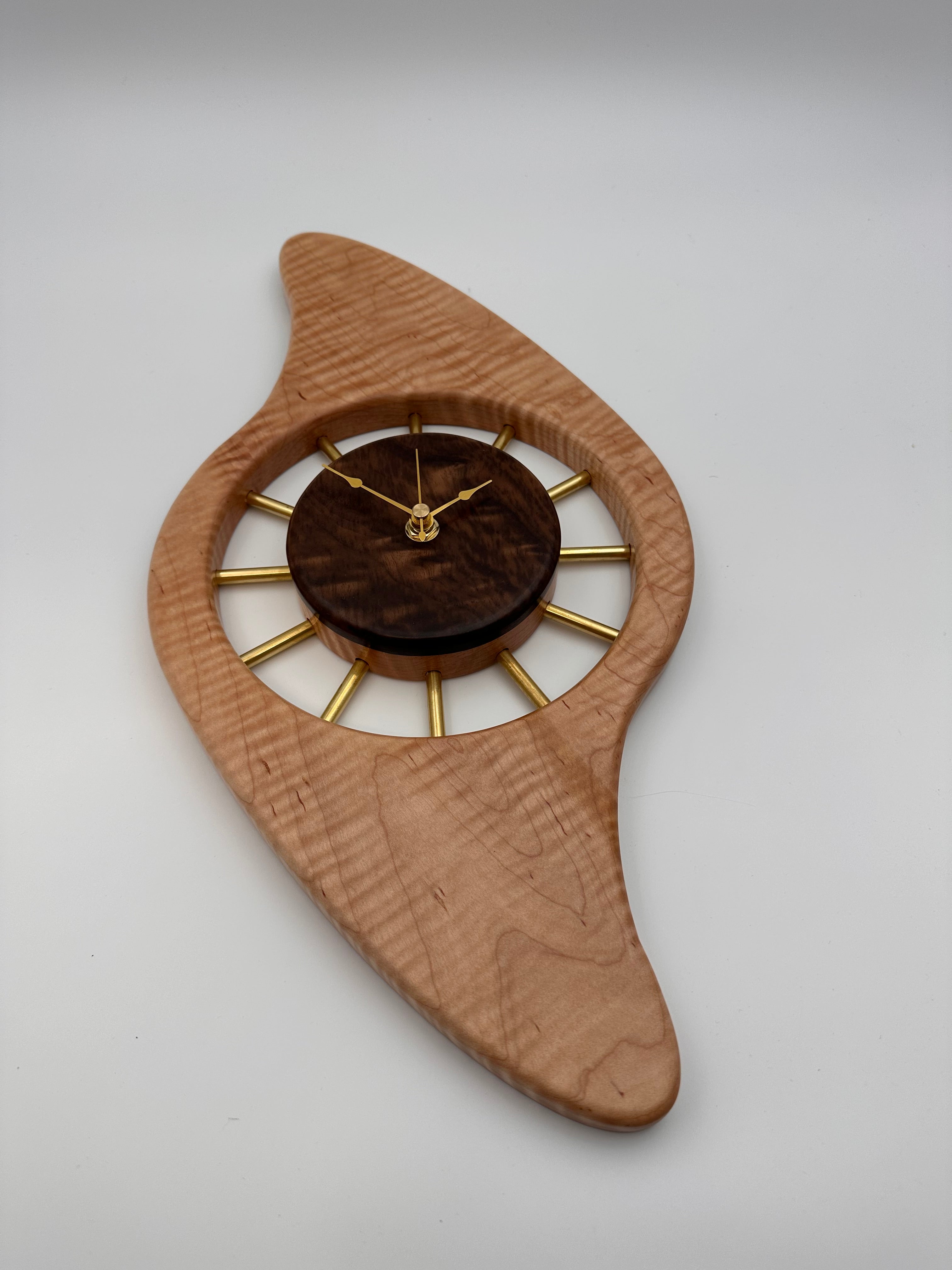 MCM Galaxy Wall Clock Custom Hand Made Curly Maple, Culy Walnut, Brass