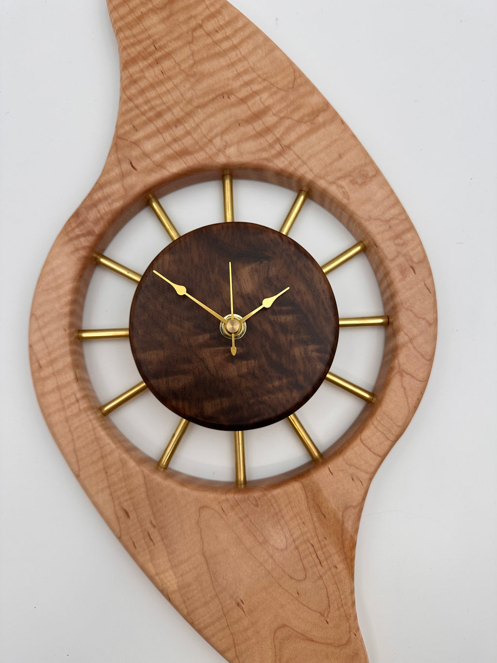 MCM Galaxy Wall Clock Custom Hand Made Curly Maple, Culy Walnut, Brass