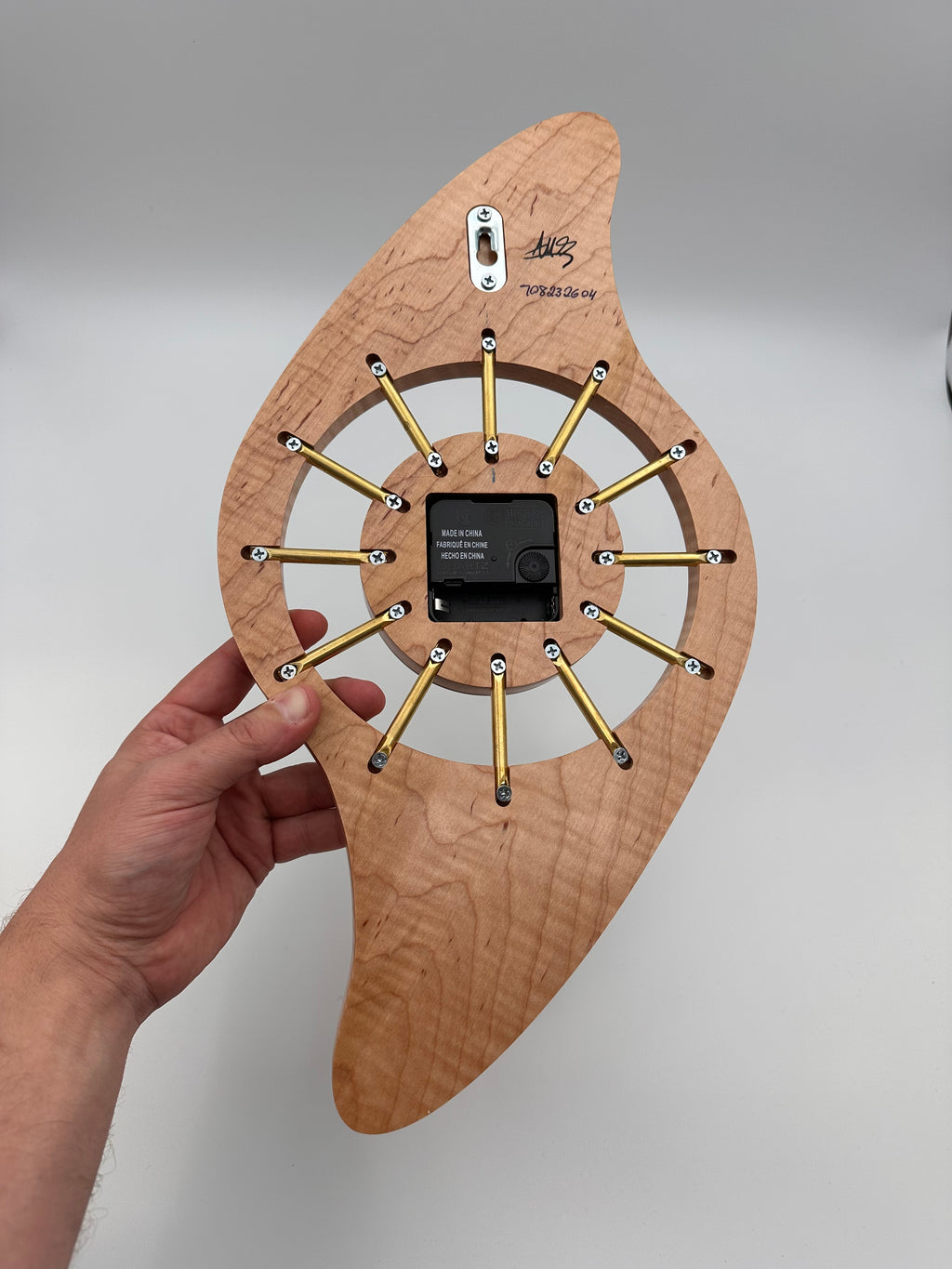 MCM Galaxy Wall Clock Custom Hand Made Curly Maple, Culy Walnut, Brass