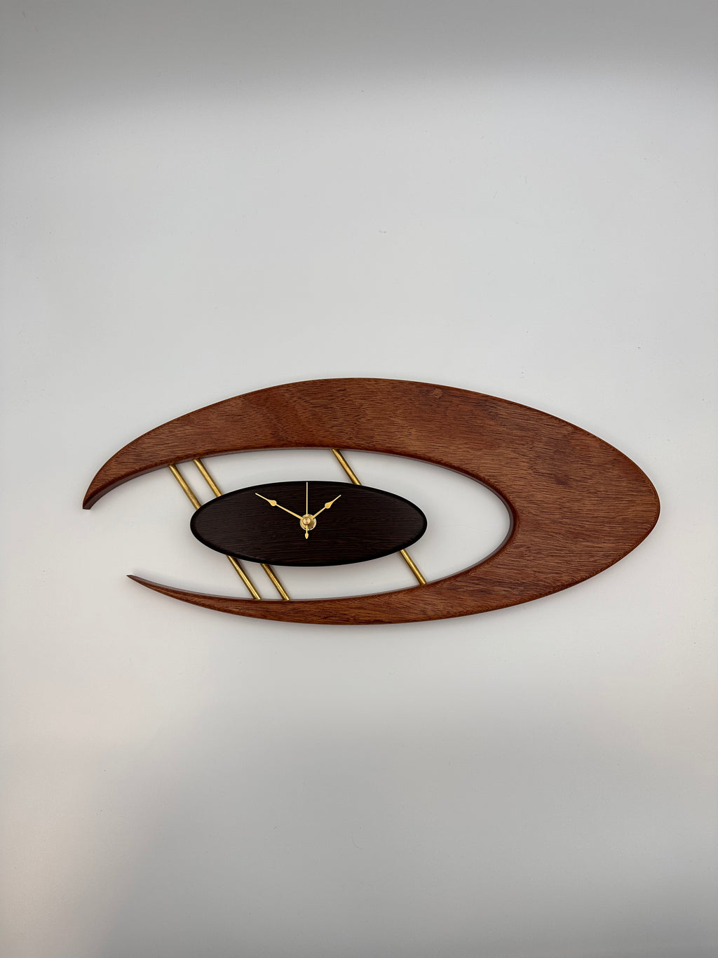 MCM Atomic Boomerang Clock Custom Hand Made Mahogany, Wenge, Brass
