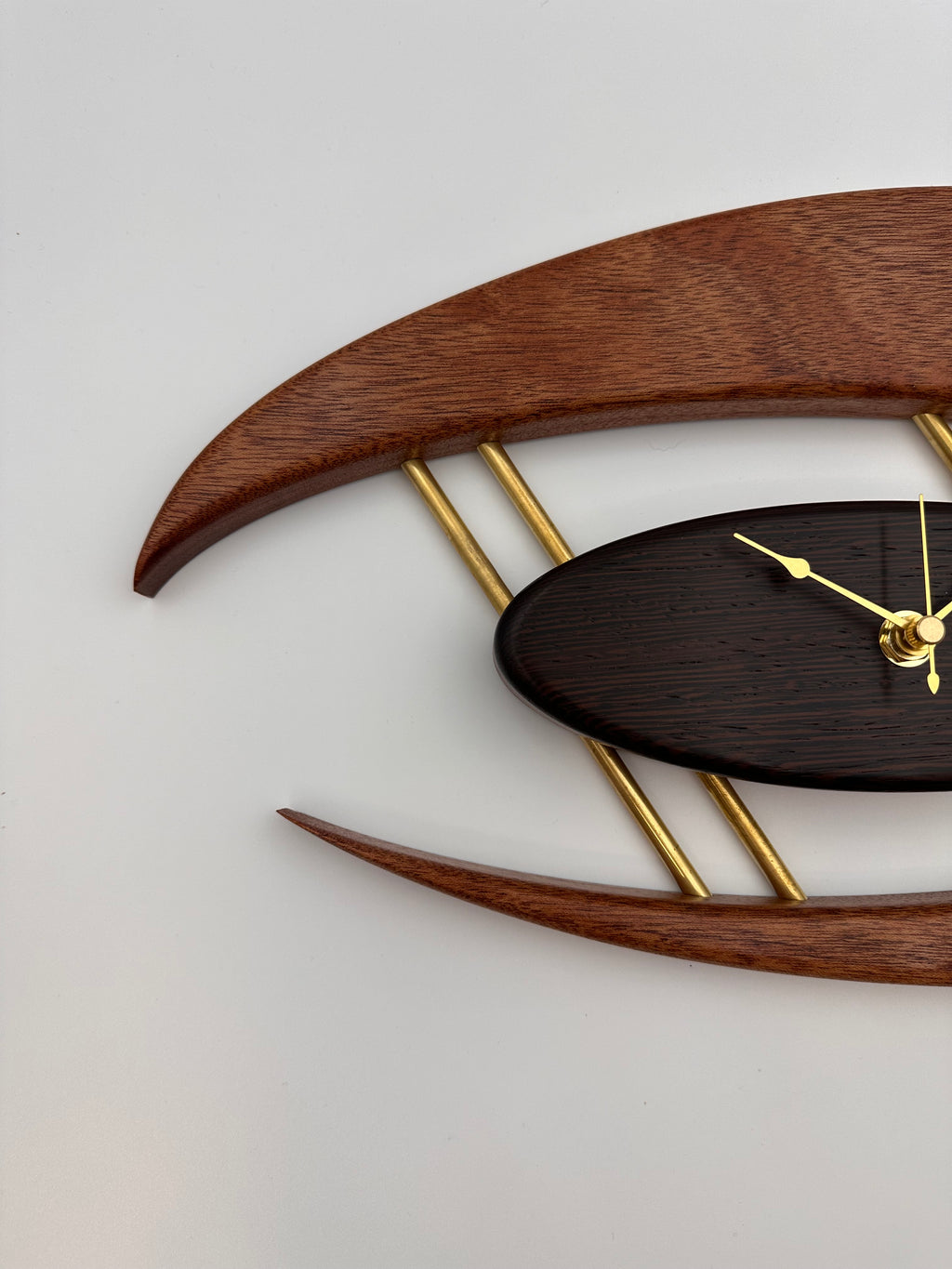 MCM Atomic Boomerang Clock Custom Hand Made Mahogany, Wenge, Brass