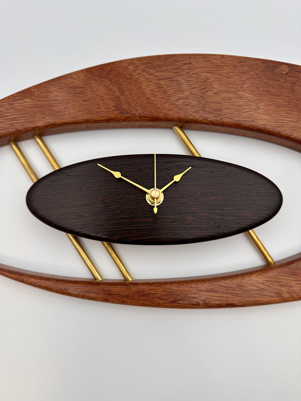 MCM Atomic Boomerang Clock Custom Hand Made Mahogany, Wenge, Brass