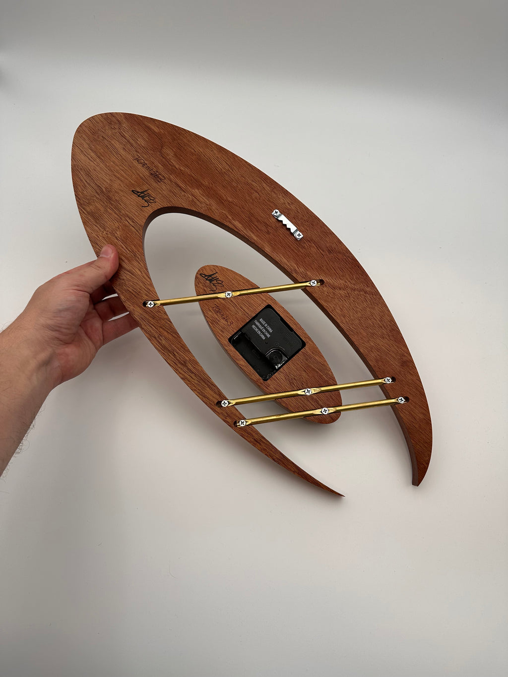 MCM Atomic Boomerang Clock Custom Hand Made Mahogany, Wenge, Brass