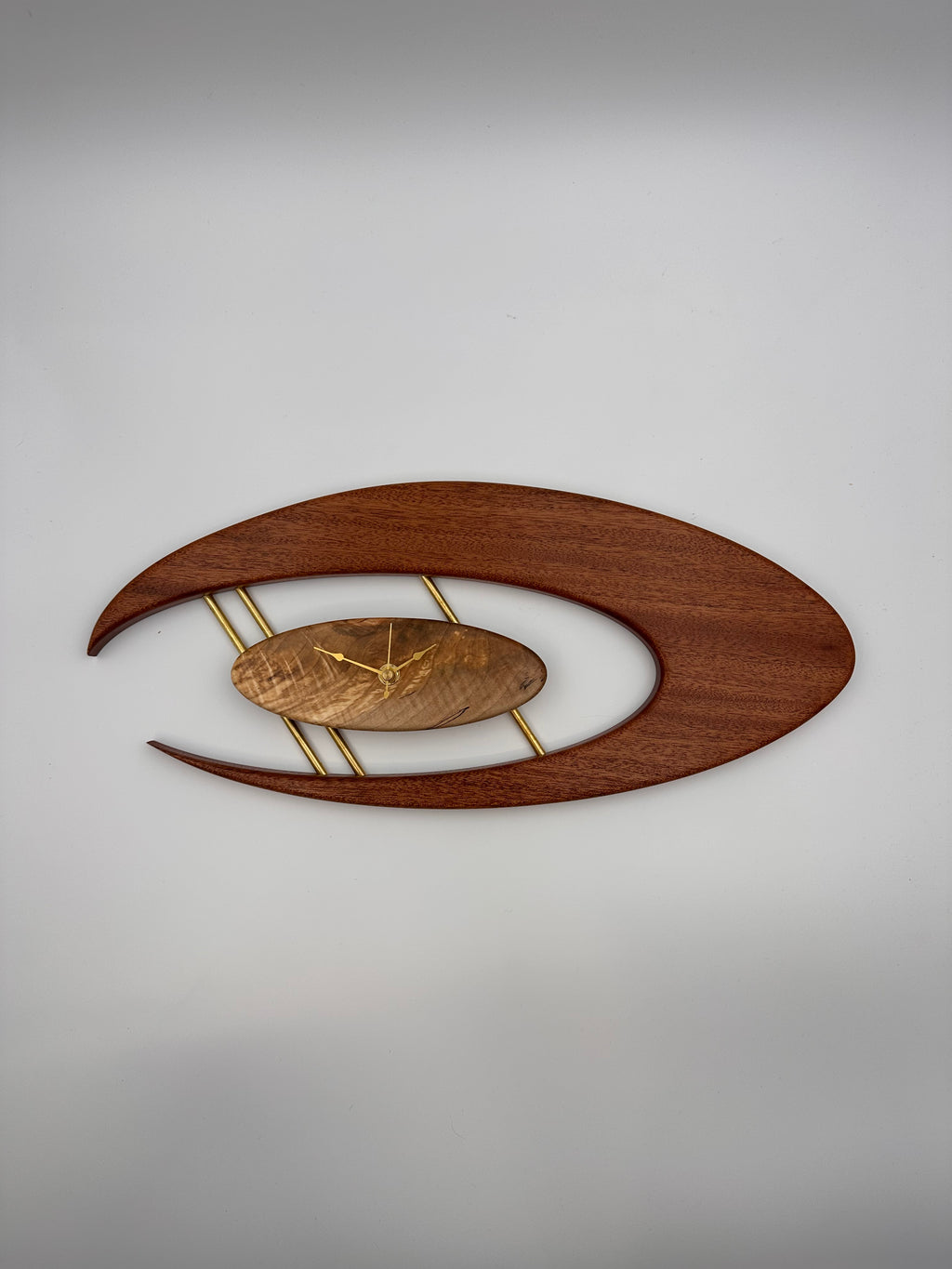 MCM Atomic Boomerang Clock Custom Hand Made Mahogany, Curly Spalted Maple, Brass, Symmetrical Curves