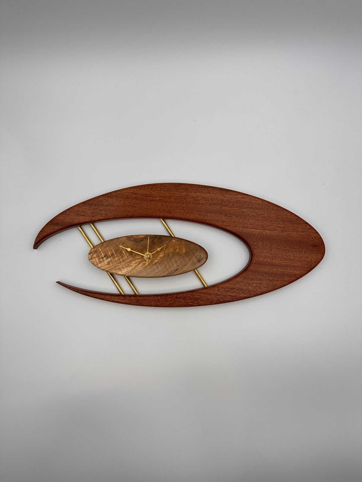 MCM Atomic Boomerang Clock Custom Hand Made Mahogany, Curly Spalted Maple, Brass, Symmetrical Curves