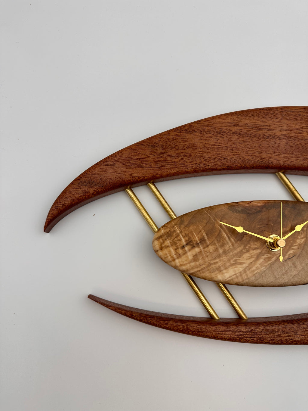 MCM Atomic Boomerang Clock Custom Hand Made Mahogany, Curly Spalted Maple, Brass, Symmetrical Curves