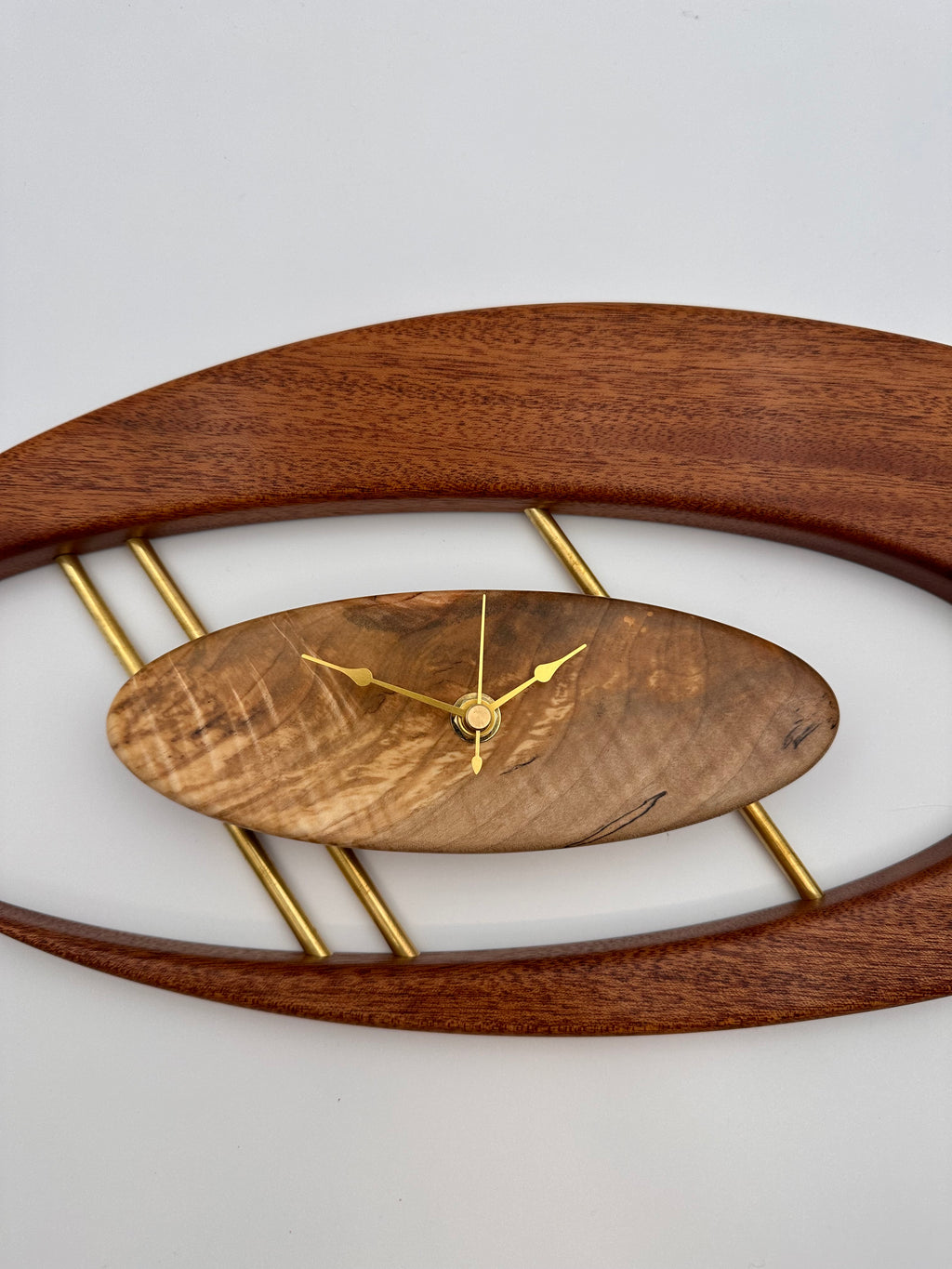 MCM Atomic Boomerang Clock Custom Hand Made Mahogany, Curly Spalted Maple, Brass, Symmetrical Curves