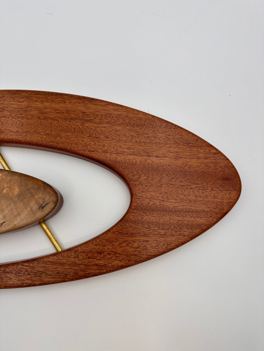 MCM Atomic Boomerang Clock Custom Hand Made Mahogany, Curly Spalted Maple, Brass, Symmetrical Curves