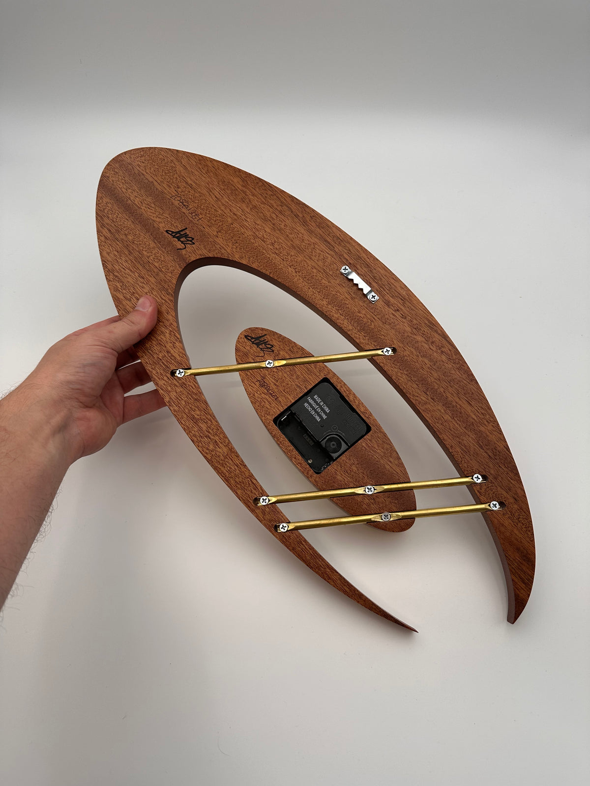 MCM Atomic Boomerang Clock Custom Hand Made Mahogany, Curly Spalted Maple, Brass, Symmetrical Curves