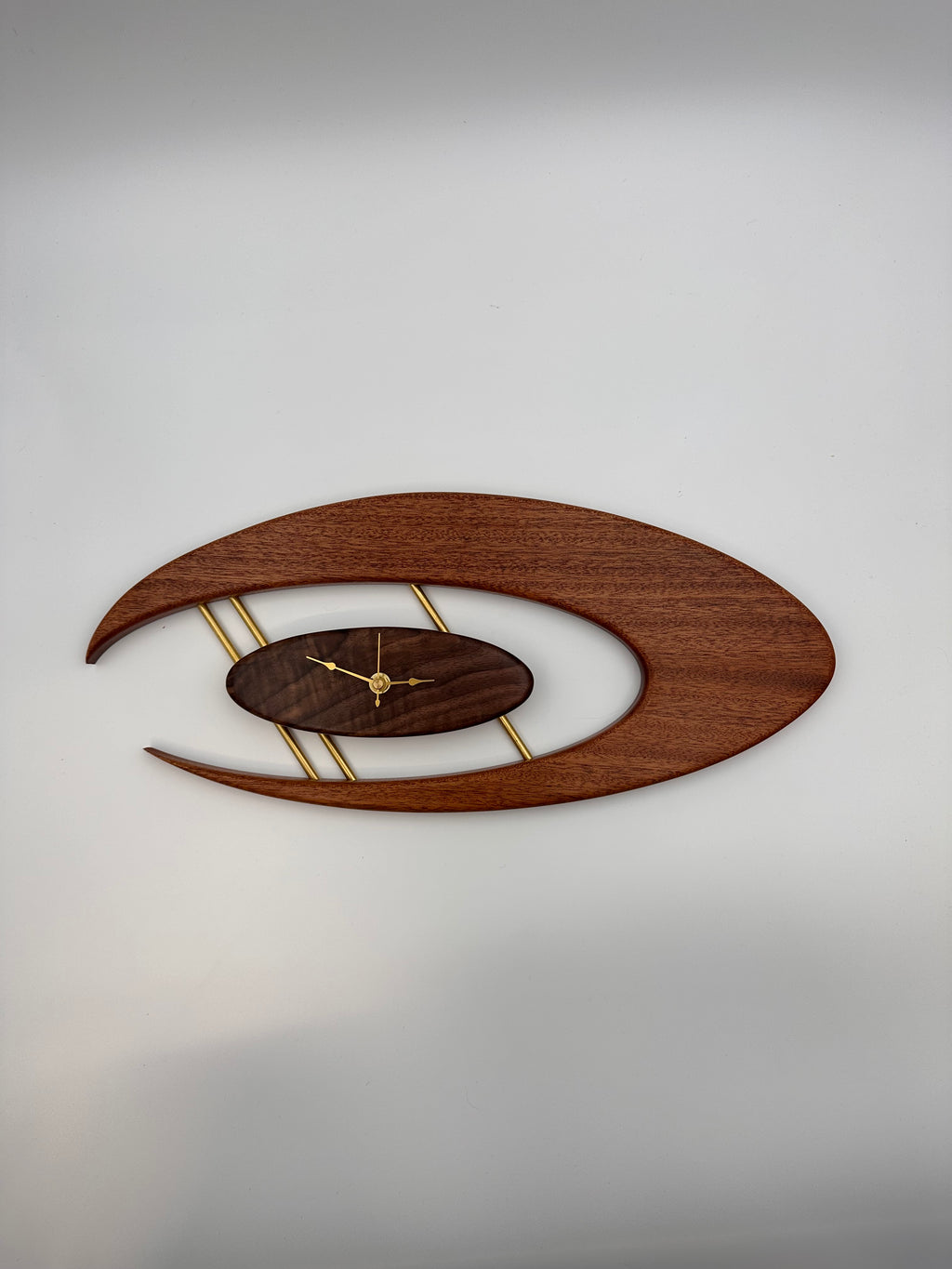 MCM Atomic Boomerang Clock Custom Hand Made Mahogany, Curly Walnut, Brass, Symmetrical Curves