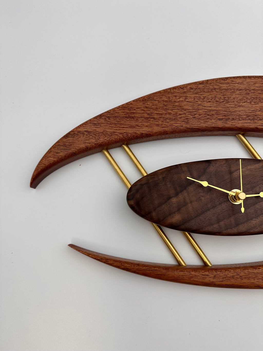 MCM Atomic Boomerang Clock Custom Hand Made Mahogany, Curly Walnut, Brass, Symmetrical Curves