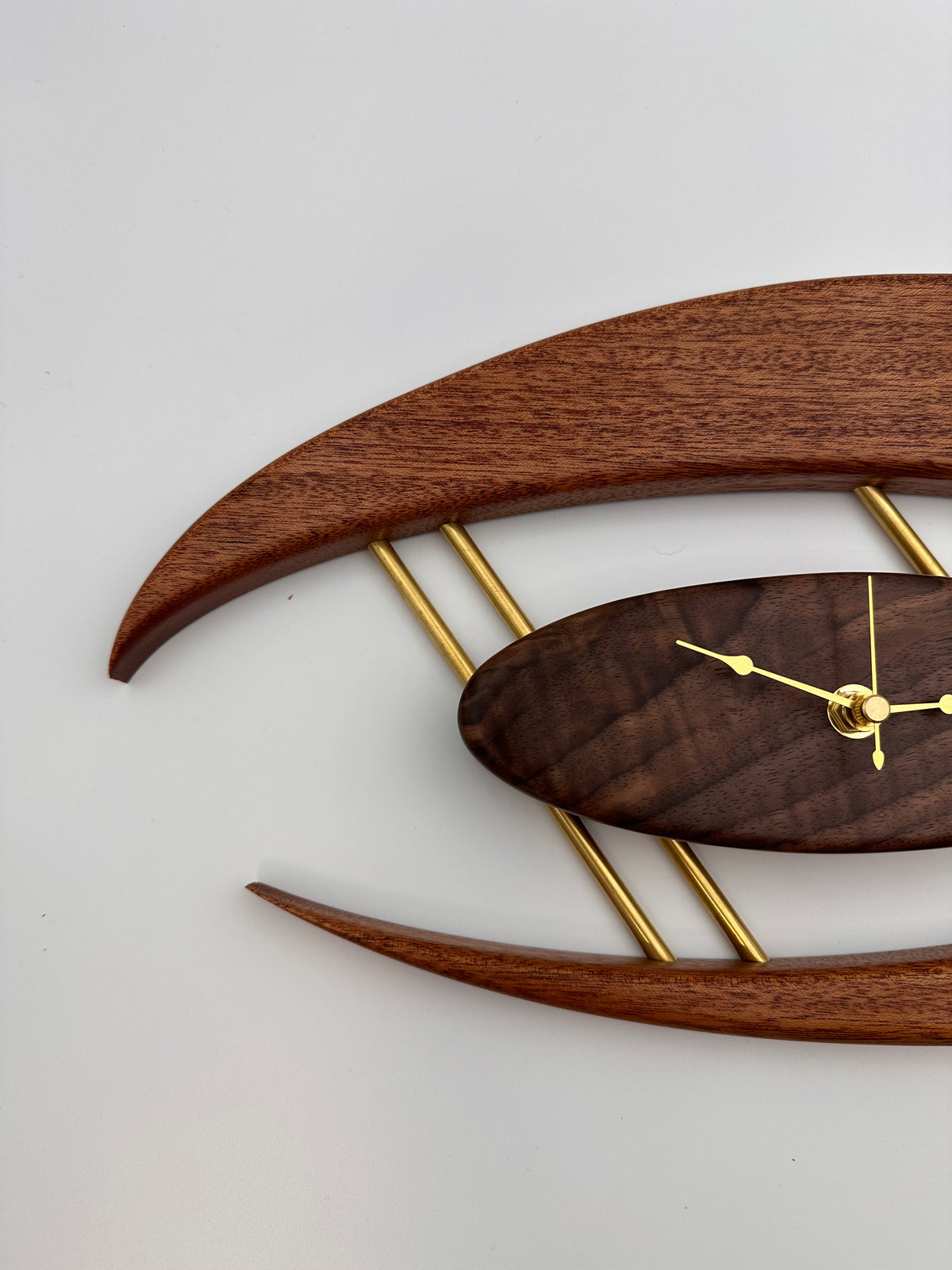 MCM Atomic Boomerang Clock Custom Hand Made Mahogany, Curly Walnut, Brass, Symmetrical Curves
