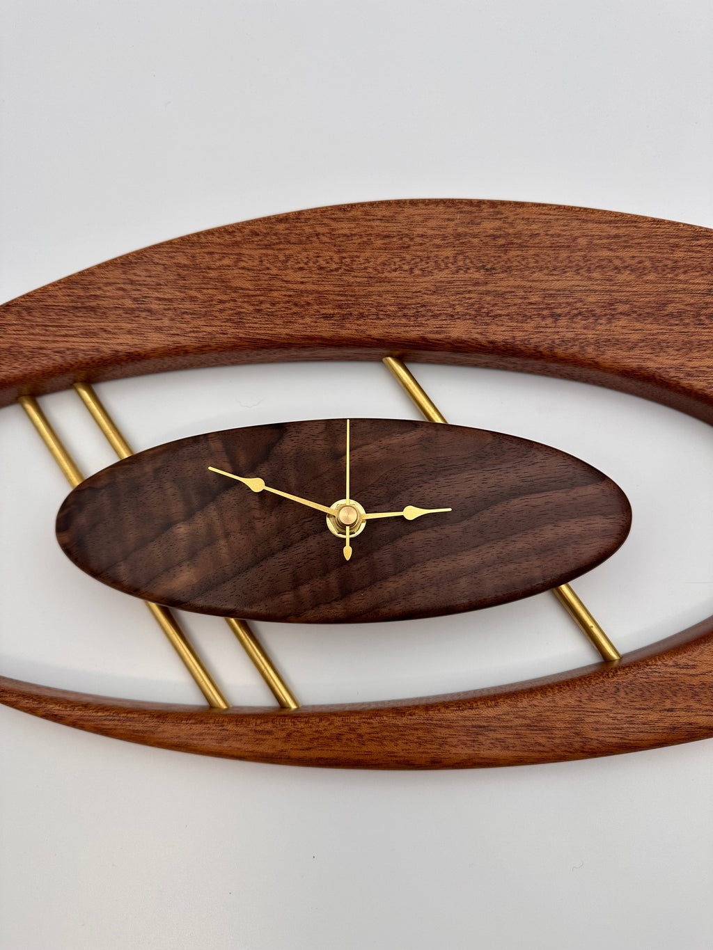 MCM Atomic Boomerang Clock Custom Hand Made Mahogany, Curly Walnut, Brass, Symmetrical Curves