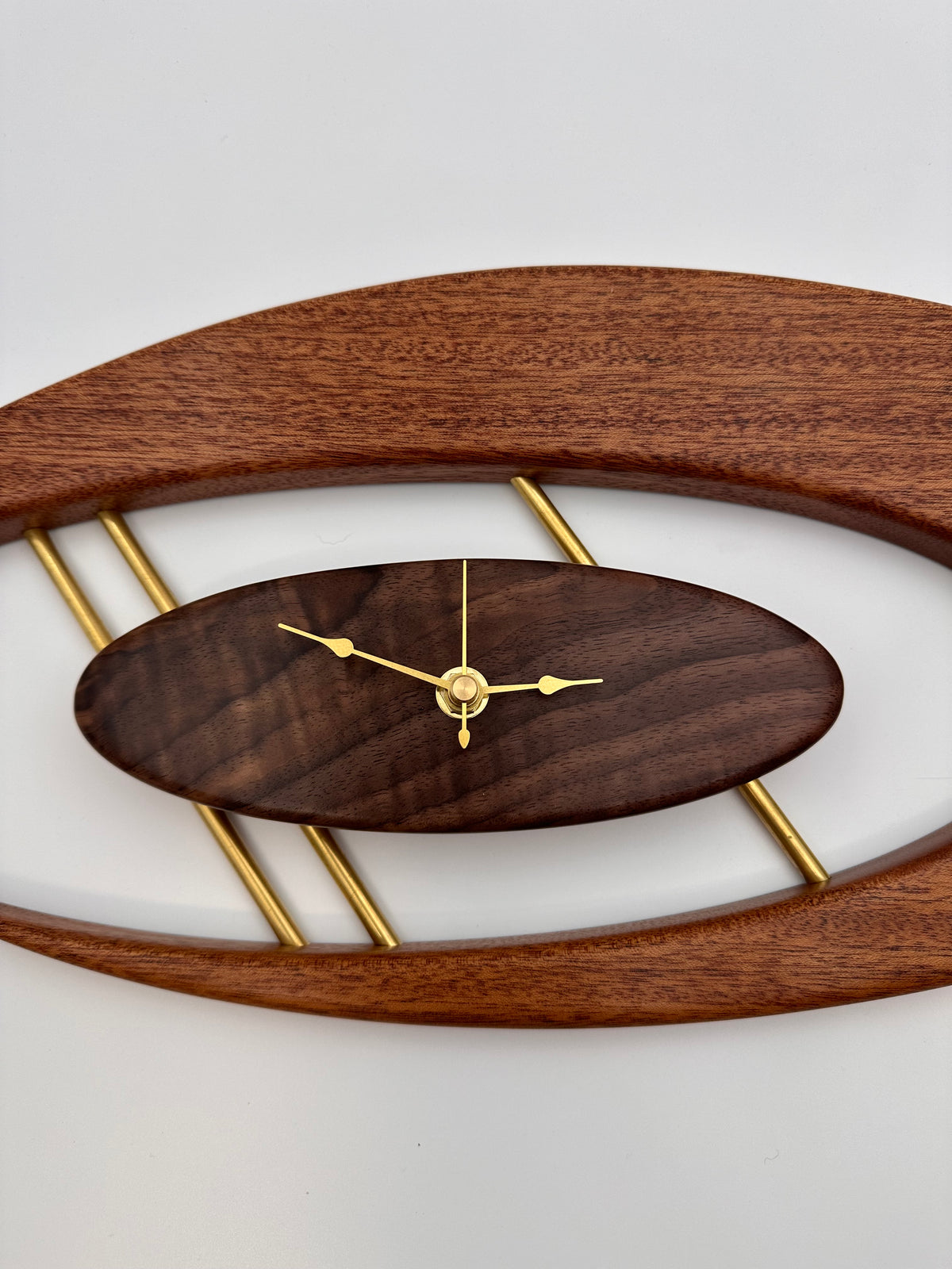 MCM Atomic Boomerang Clock Custom Hand Made Mahogany, Curly Walnut, Brass, Symmetrical Curves