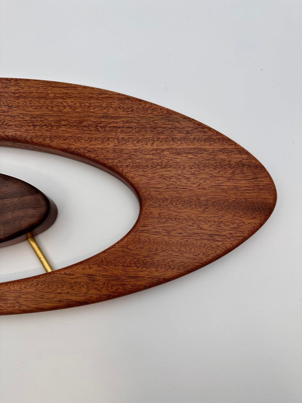 MCM Atomic Boomerang Clock Custom Hand Made Mahogany, Curly Walnut, Brass, Symmetrical Curves