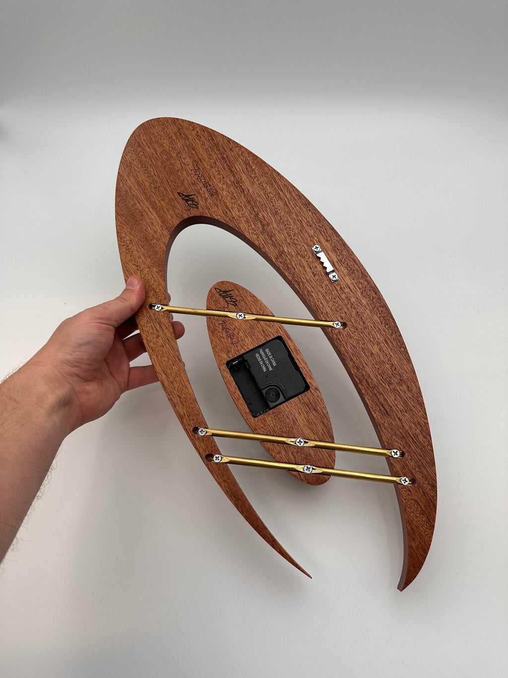 MCM Atomic Boomerang Clock Custom Hand Made Mahogany, Curly Walnut, Brass, Symmetrical Curves