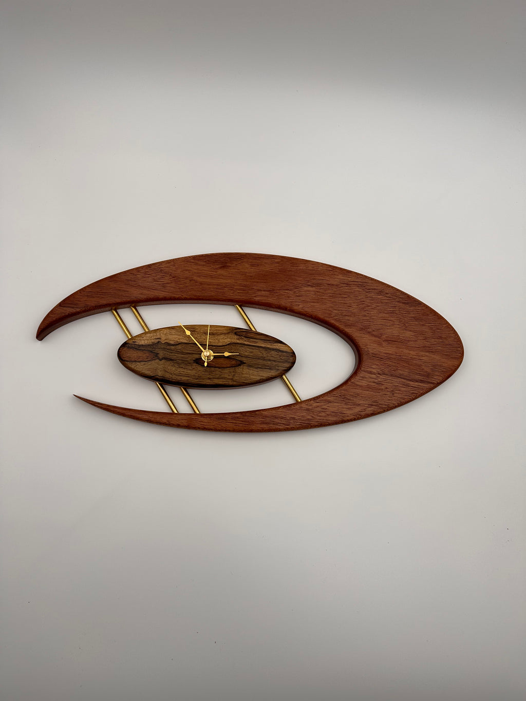 MCM Atomic Boomerang Clock Custom Hand Made Mahogany, Black Limba, Brass, Symmetrical Curves