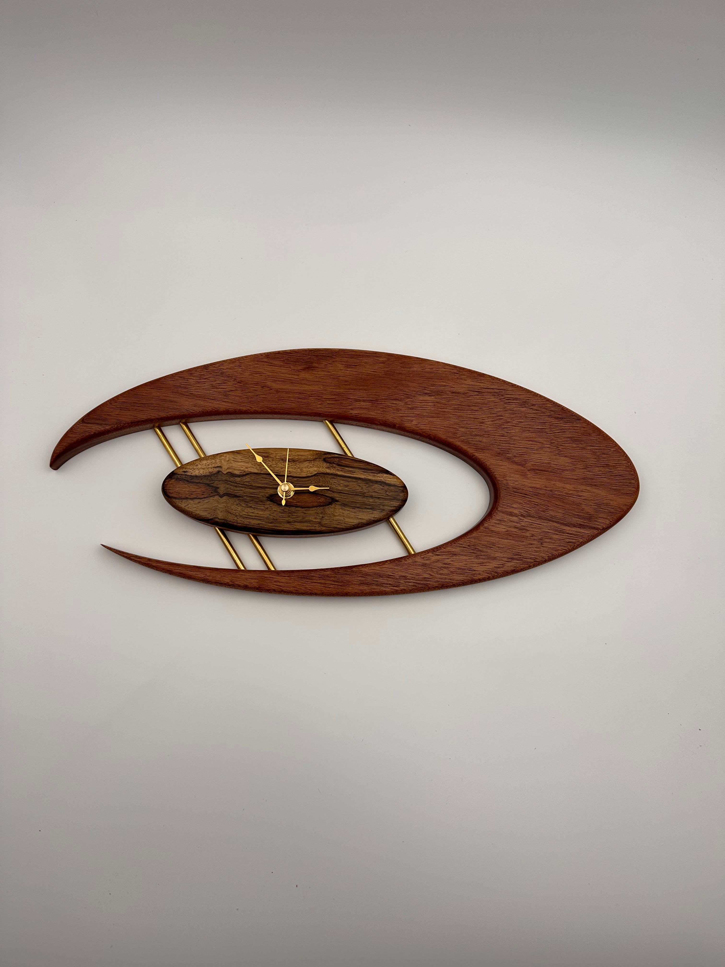 MCM Atomic Boomerang Clock Custom Hand Made Mahogany, Black Limba, Brass, Symmetrical Curves