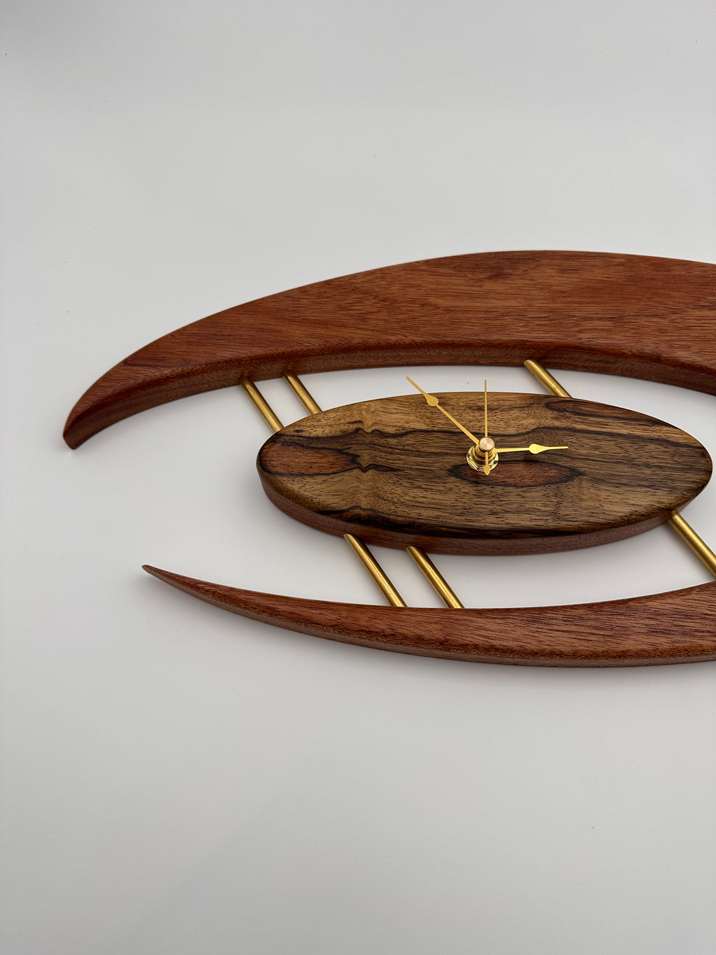 MCM Atomic Boomerang Clock Custom Hand Made Mahogany, Black Limba, Brass, Symmetrical Curves