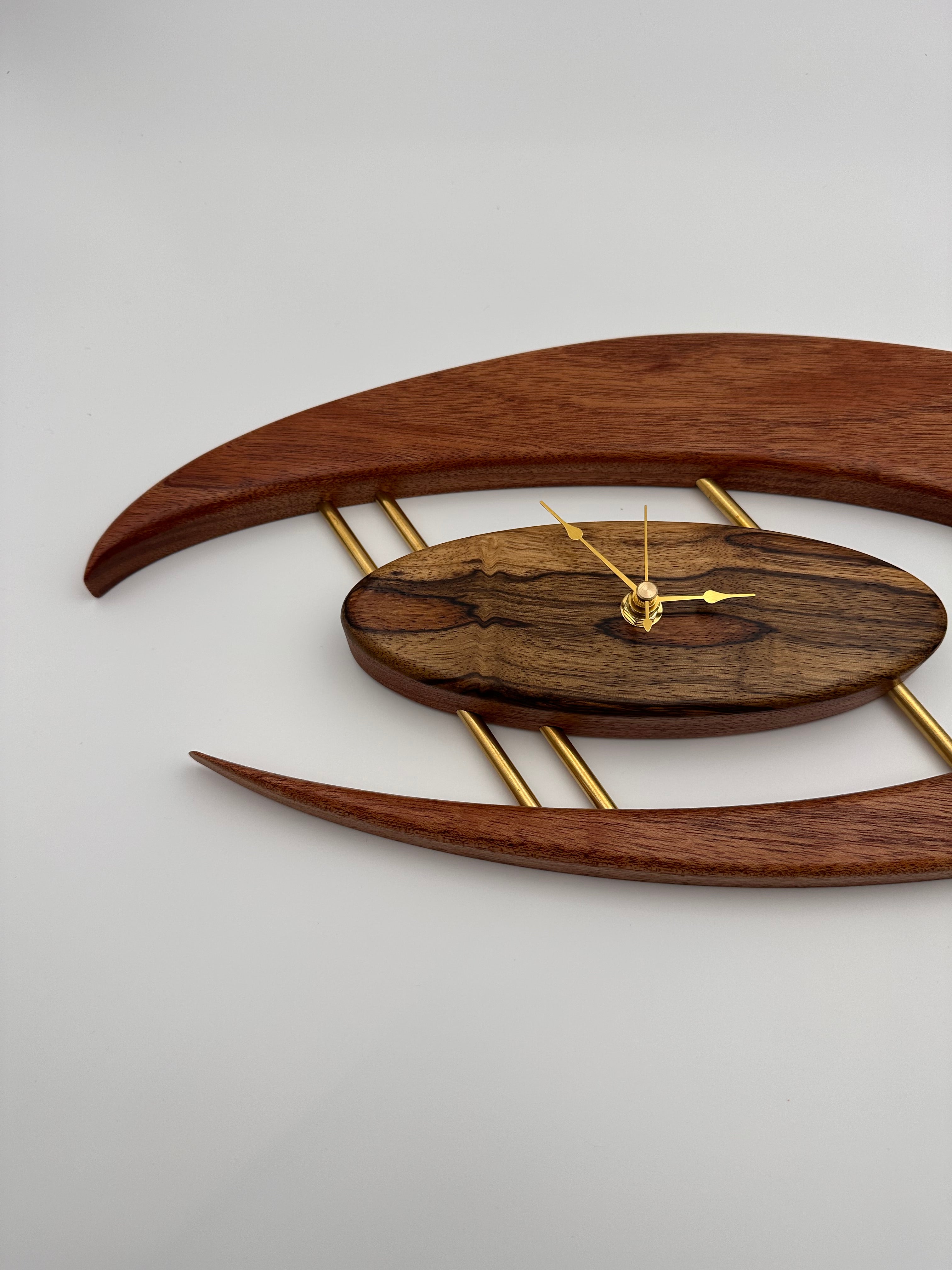 MCM Atomic Boomerang Clock Custom Hand Made Mahogany, Black Limba, Brass, Symmetrical Curves